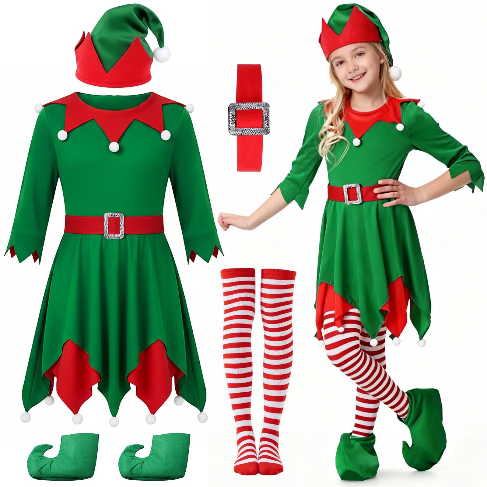 Maazusa World Book Day Elf Cosplay Costume for Girls-5Pcs Red Santa Sequin Dress Hat Striped Stockings Belt, Xmas Girls Elf Fancy Dress Costume for World Book Day Party (Red, 5-7Y)