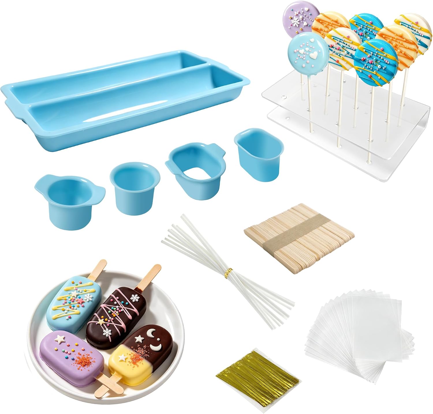 Cake Pop Mold Set with Double Tray, 2 Cake Pop Cutter and Pusher, 100 Sticks, 100 Cellophane Bags & Ties, Acrylic Stands - for Home Baking Party Wedding Desserts (Blue)
