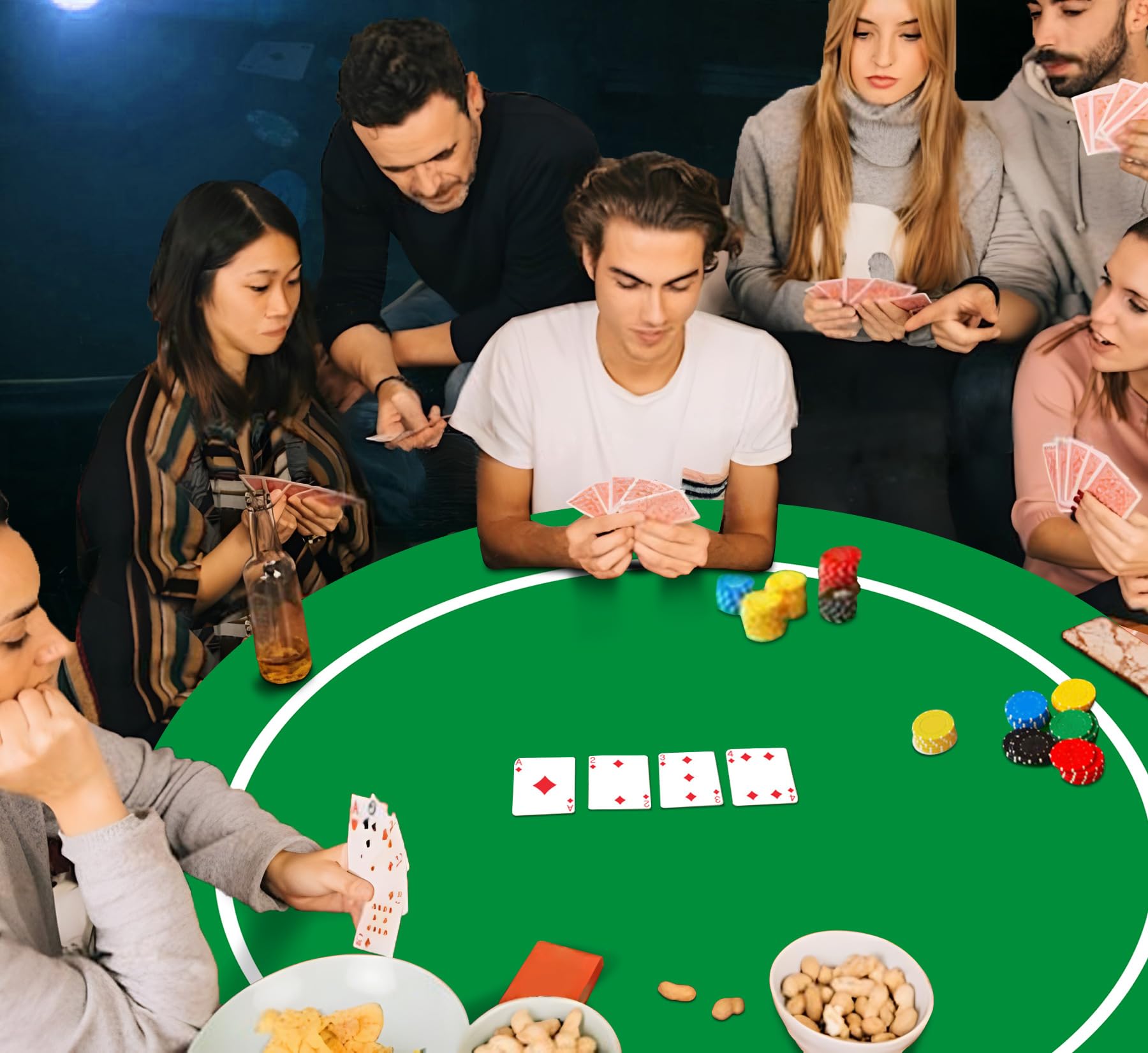 Texas Holdem Pokermatte 60/80/100cm Rund Tragbarer Pokertisch Pokerteppich Deco Layout Druck für 8 Spieler Spiellayout-Matte mit Tragetasche zum Spielen von Karten Pokertuch
