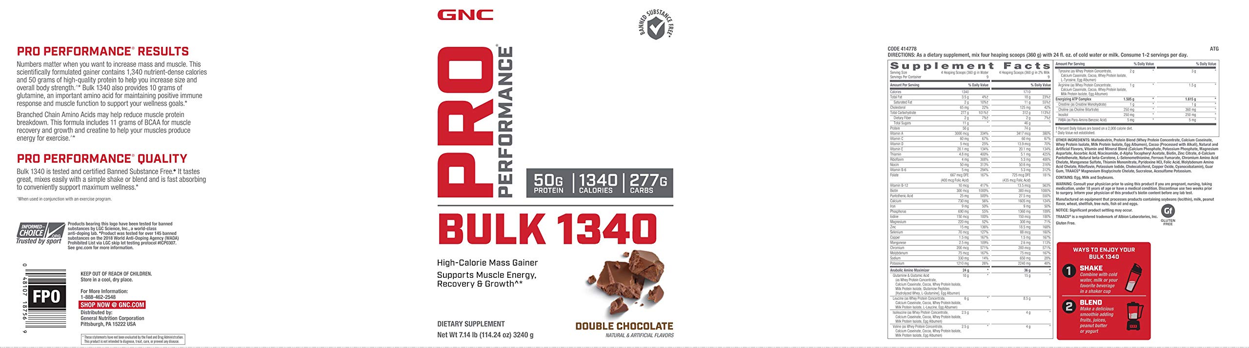 GNC Pro Performance Bulk 1340 Mass Gainer Protein Powder, 50g, Gluten Free, Whey, Creatine, BCAA, 3rd Party Tested, Muscle Recovery & Growth, Micronutrients, Double Chocolate, 9 Servings