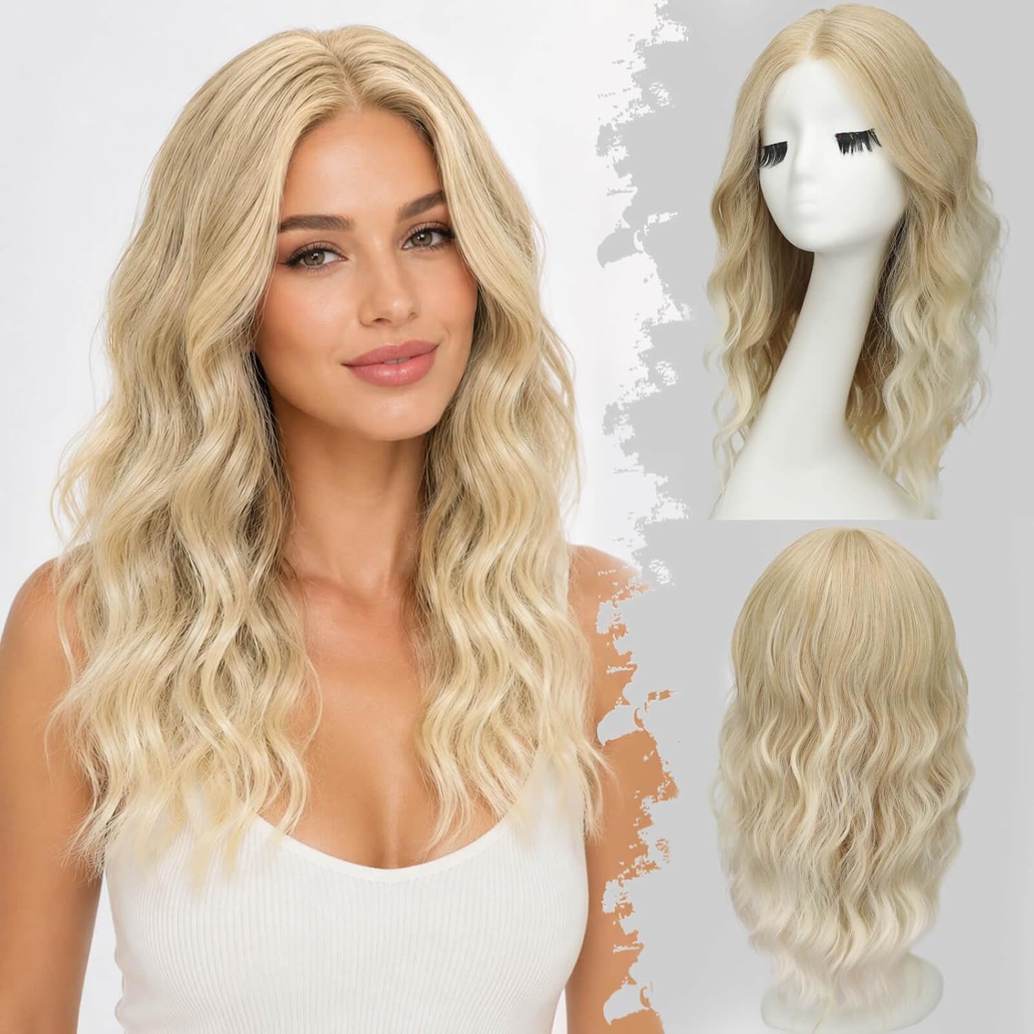 Eawwii Light Blonde To Platinum Blonde Long Wavy Wig for Women, Pre-Cut HD Lace Natural Hairline, Glueless Middle Part, Synthetic Fiber for Daily and Party Use 18Inch