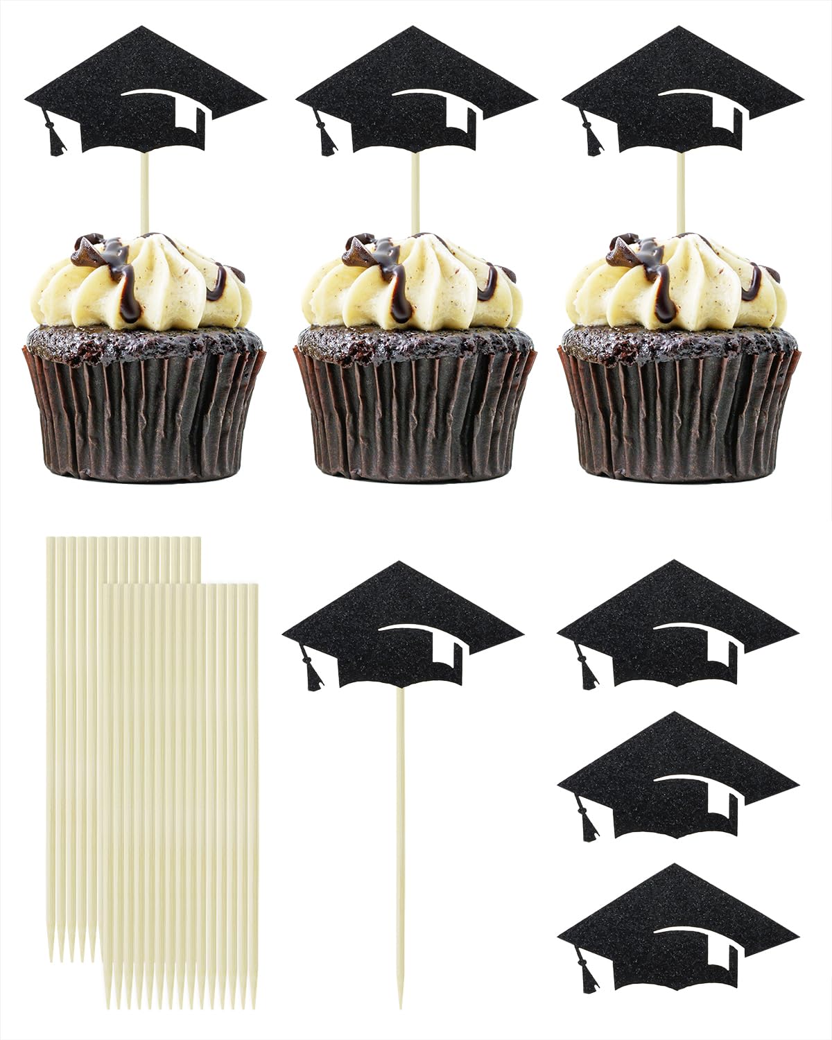 ONLYKXY 30pcs Graduation Cake Cupcake Toppers Cute Glitter Graduation Cap Shape Food Appetize Decor Stick Picks for Theme Party Easter Bride Shower