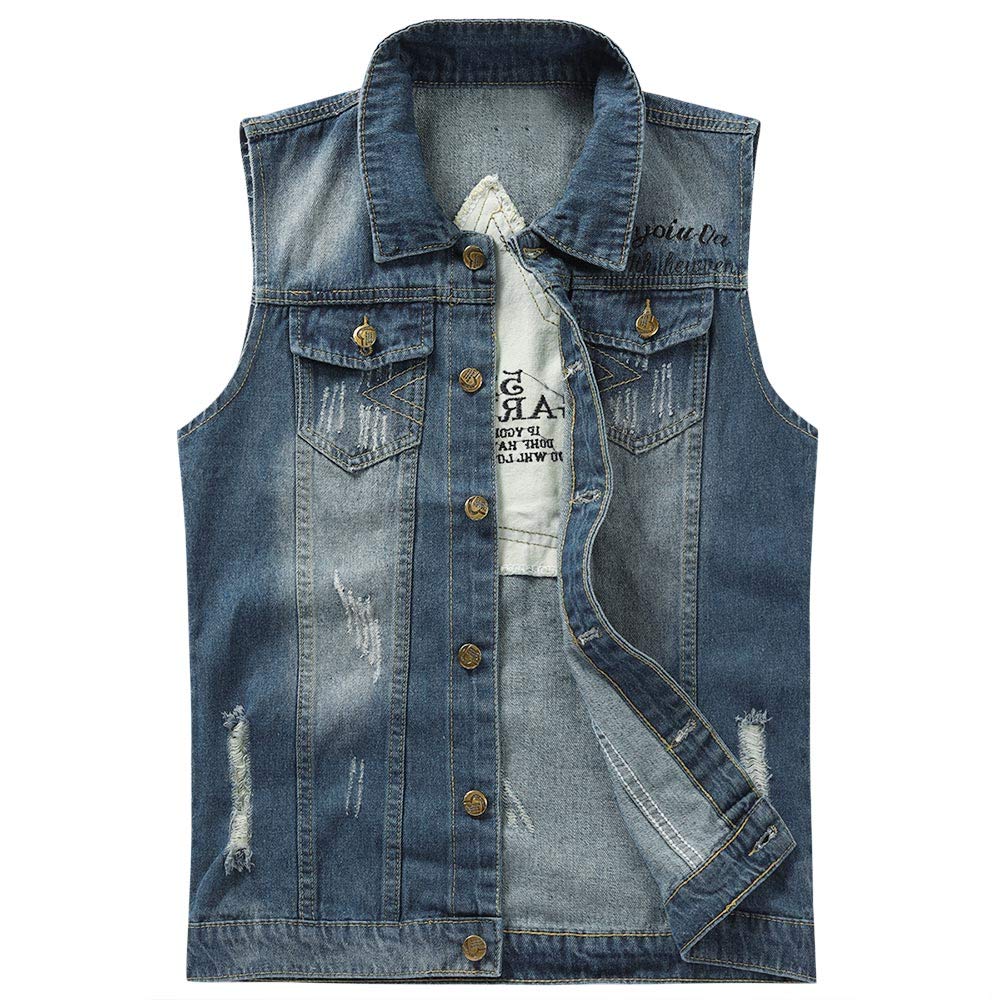 Mens Waistcoats Casual Ripped Denim Vest Vintage Sleeveless Jackets Cowboy Outwear Gilets, Blue(design 2), M