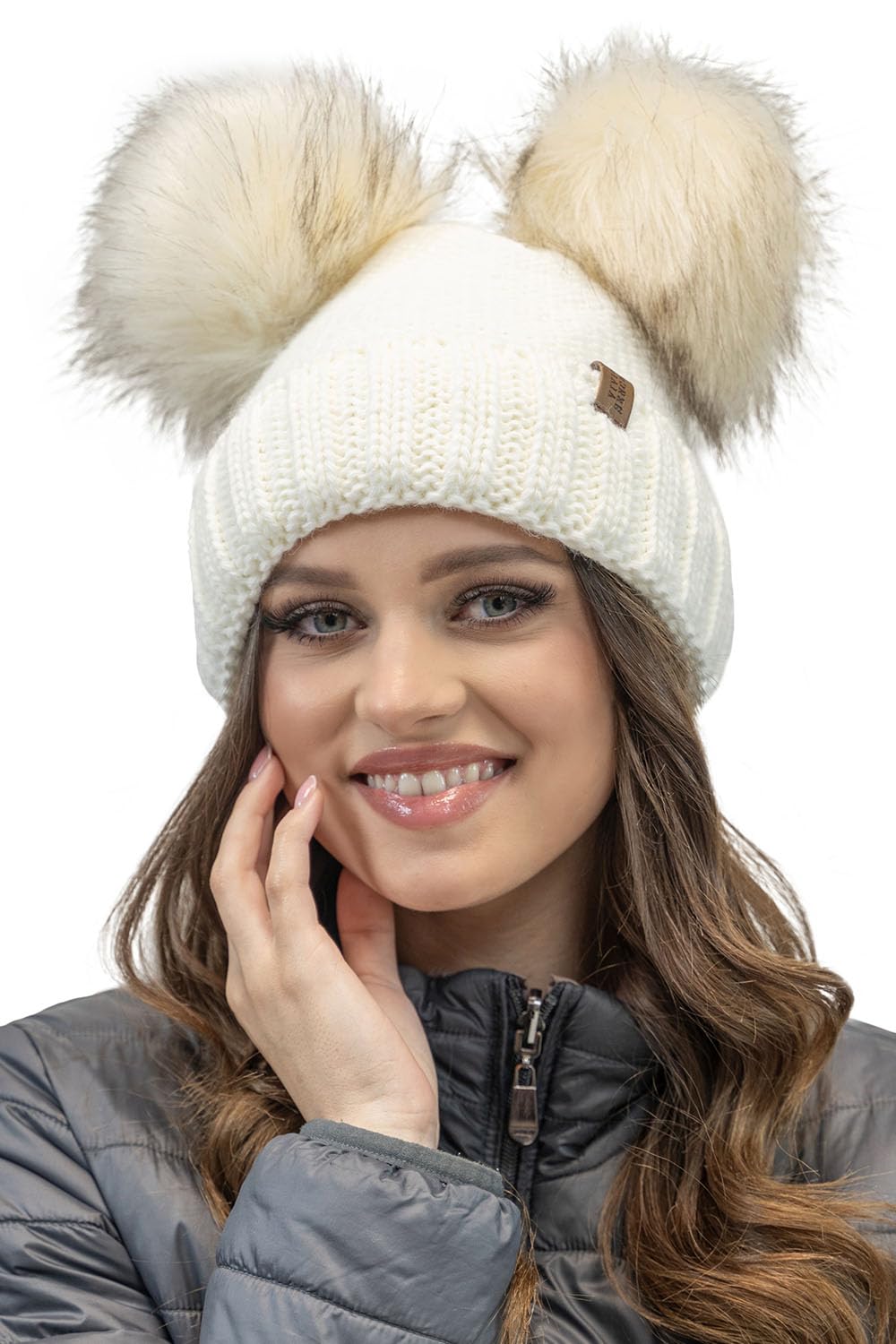 Vivisence Women's Ecru Sensational ’S Winter Cap With Dual Eco-Friendly Pom-Poms Soft Antistatic Fleece Lining Warm Yarn Construction Perfect For Cold Days, ,Uni
