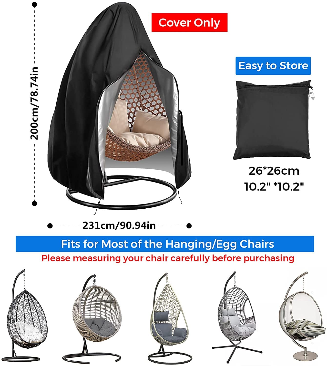 Couverture de Chaise Suspendu, Imperméable Housse de Fauteuil Suspendu, Housse de Protection pour ?ufs Chaise avec Fermeture éclair - Tissu Oxford 420D et enduit PVC à L'intérieur (230x200cm)