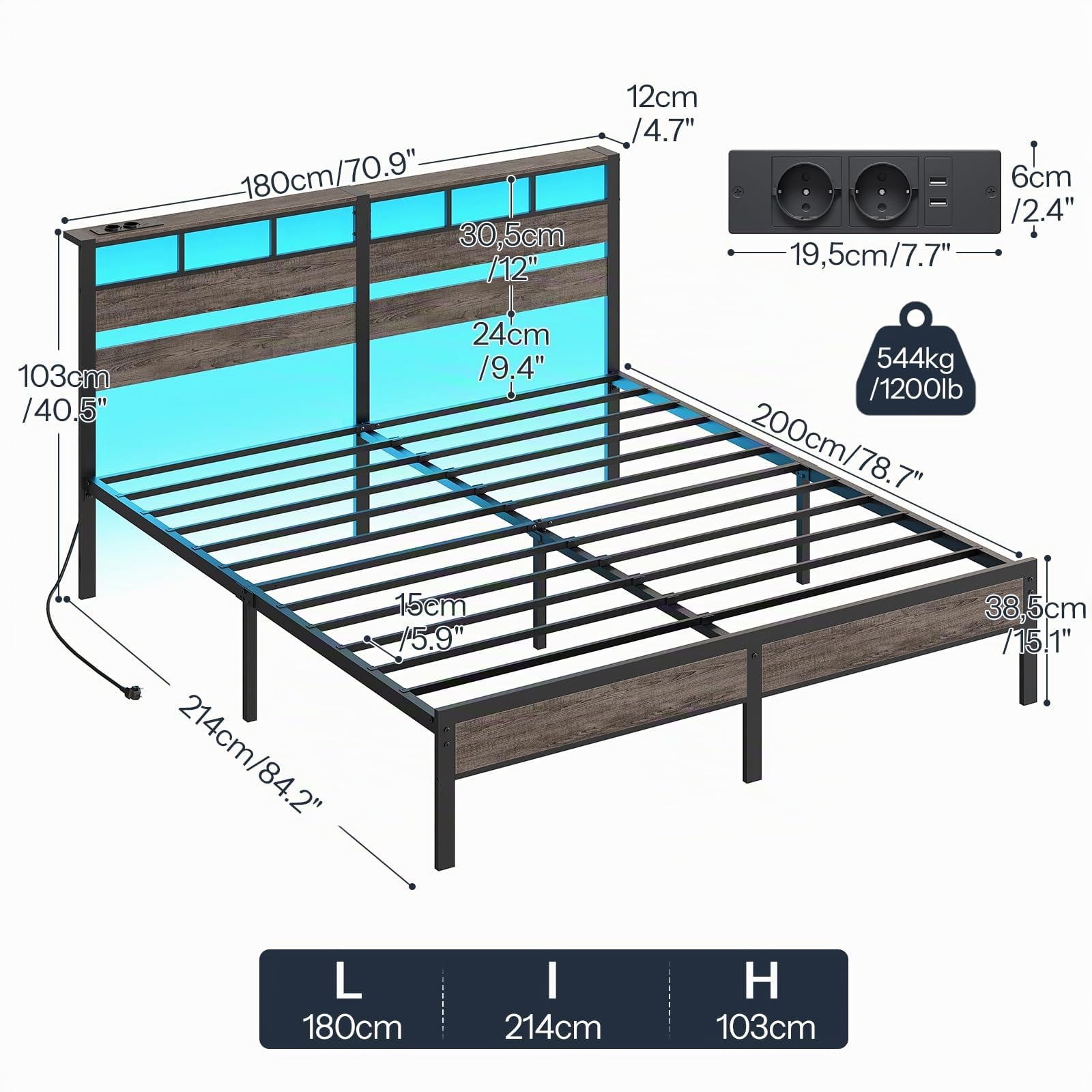 HOOBRO Cama 180 x 200 cm, Estructura Metálica con Ilminación LED, Enchufes y Espacio de Almacenaje, Cama Matrimonio con Cabecero, para Dormitorio, Color Negro Carbón EBC80CDBF01