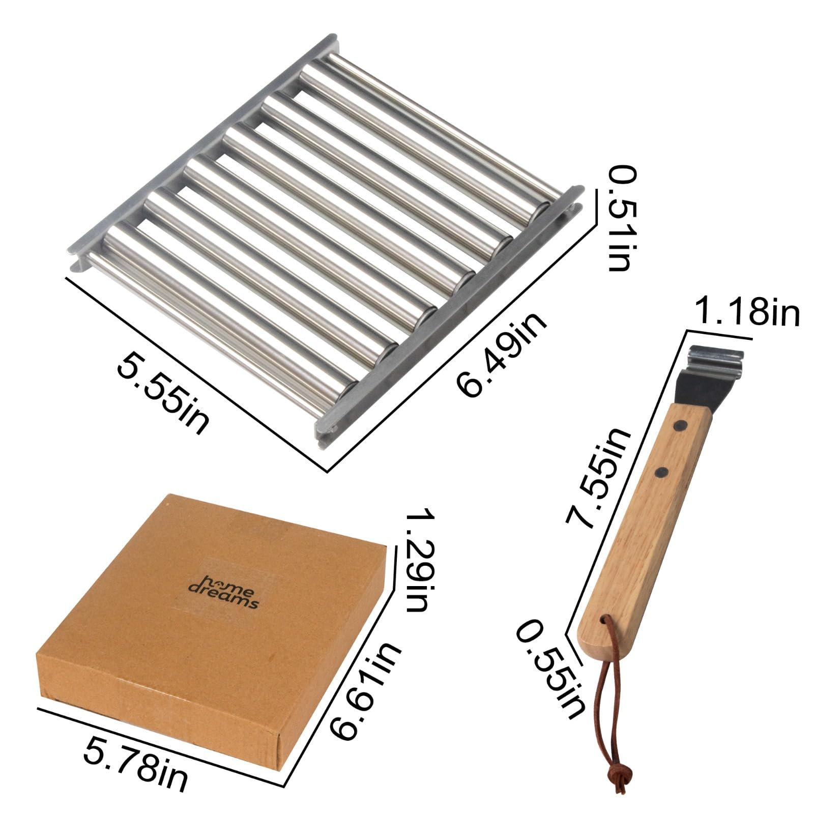 Hot Dog Roller for Grill Stainless Steel BBQ Hot Dog Grill Roller with Wooden Handle, Sausage Roller Rack for Evenly Cooked Hot Dogs, 4 BBQ Skewers Included, 5 Hot Dog Capacity, Large