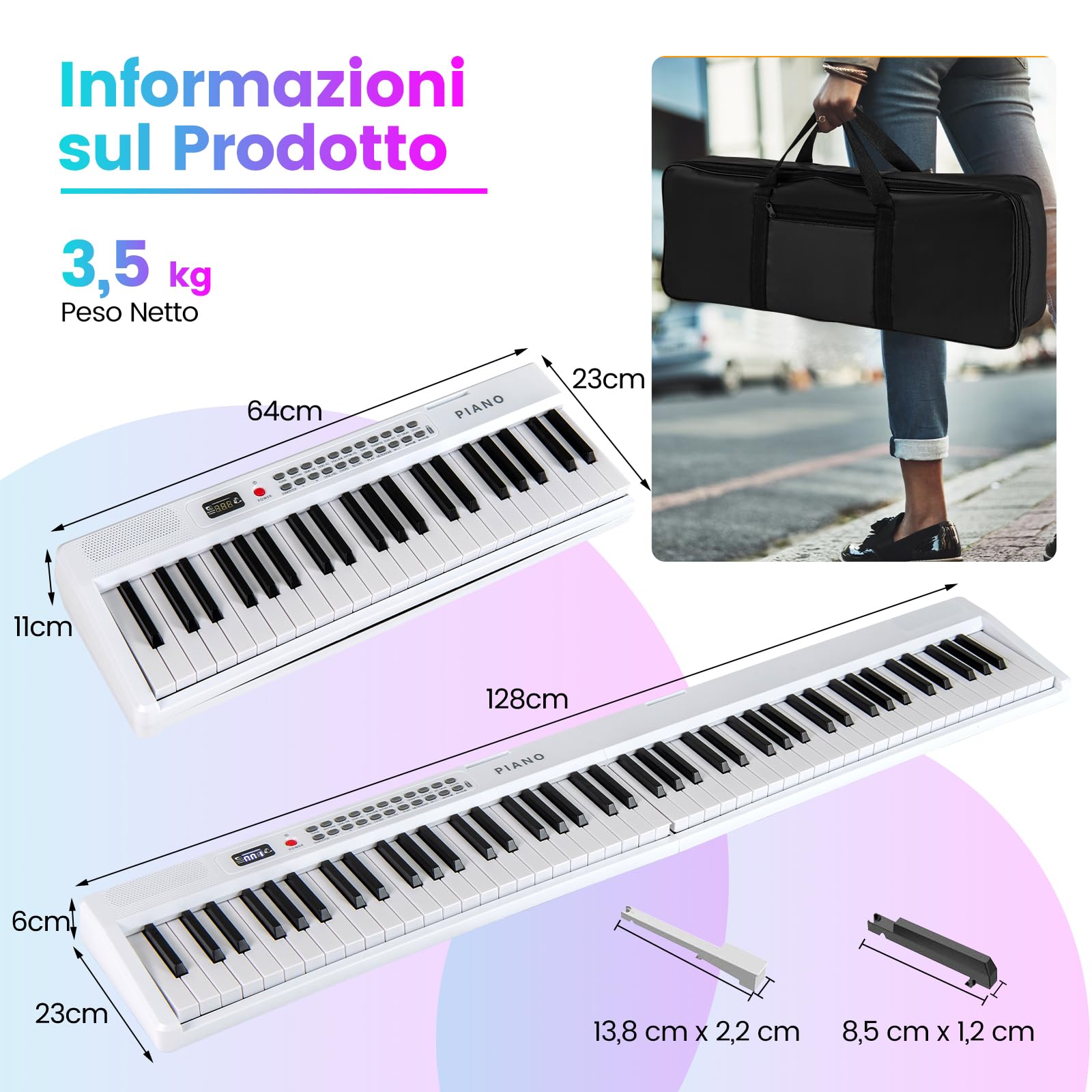 RELAX4LIFE Pianoforte Digitale Pieghevole a 88 Tasti, con MIDI Wireless, Altoparlanti Doppii, 1000 Timbri, 1000 Ritmi, Tastiera Portatile per Principianti, Bambini, Adulti (BIANCO)