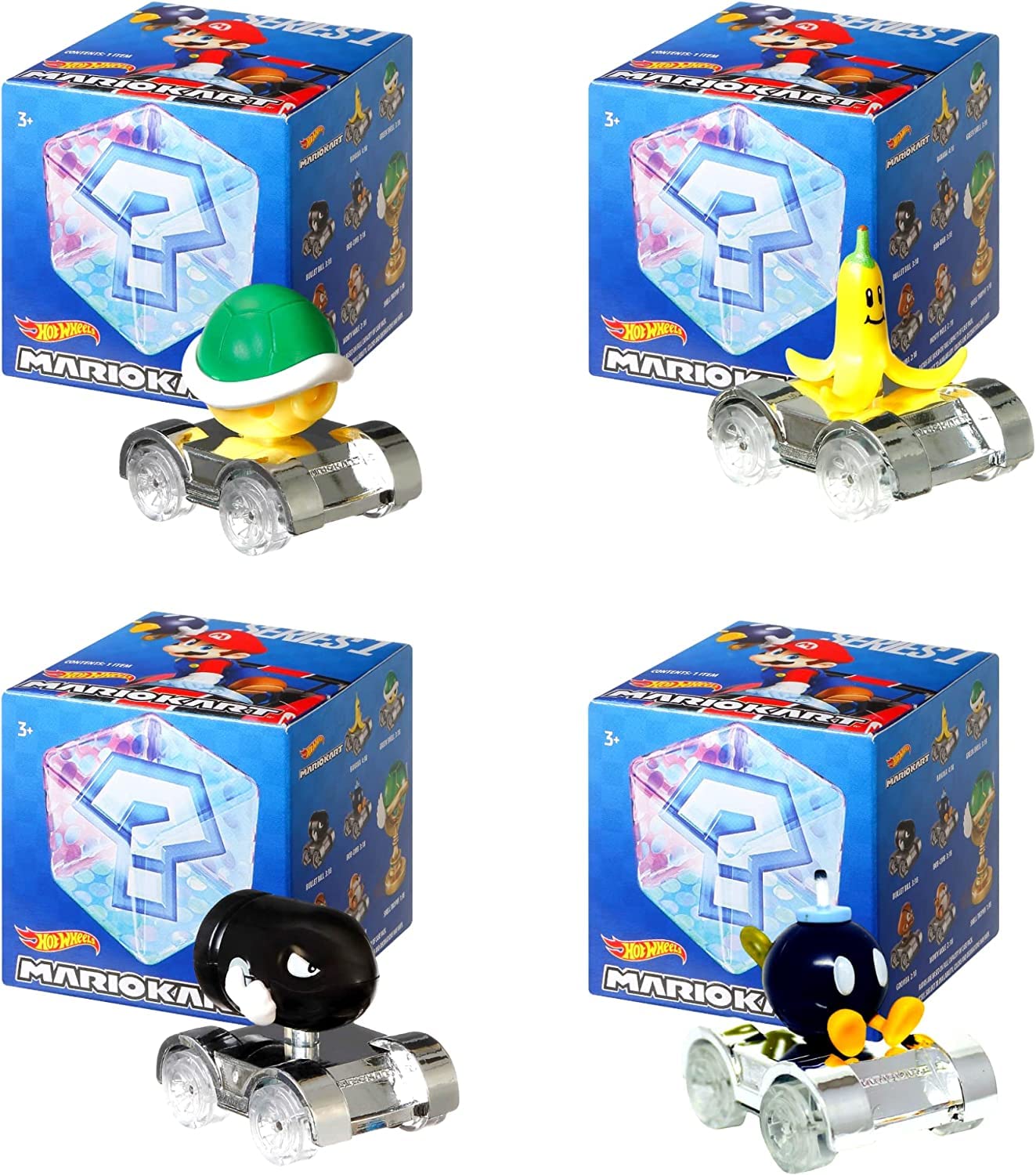 HW Mario Kart Blind Boxes Series 1 IDENTIFIED 4 Pack - Greenshell, Banana, Bullet Bill and Bomb