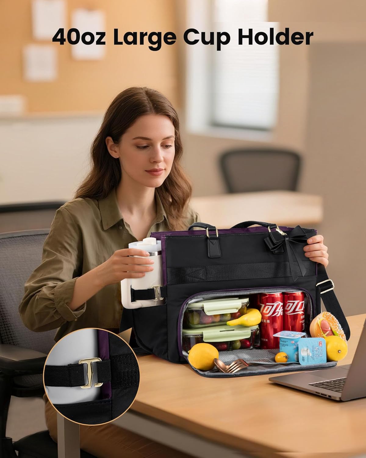 LOVEVOOK Lunch Tote Bag, Large Capacity Insulated Lunch Tote with Compartment, Computer Bag with Purse for Work, Nurse, Business, Black-Purple 15.6 Inch - Image 2