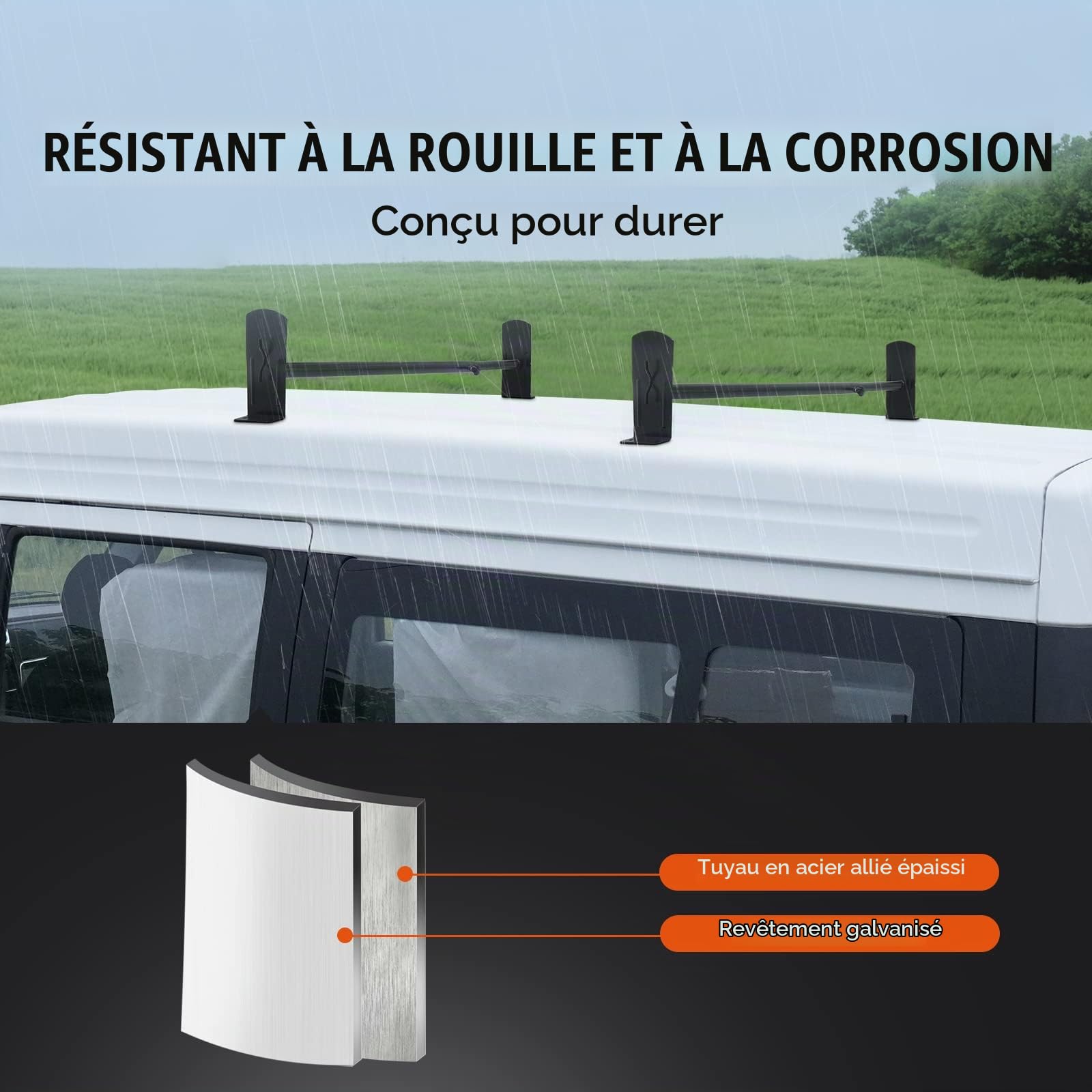 VEVOR Porte-Échelles de Toit pour Camionnette, Porte-Bagages en Acier Allié 2 Barres, Barre de Toit pour Gouttière de Pluie, Capacité de Charge 226,8 kg, Réglables 91-133 cm, pour Fourgonnettes