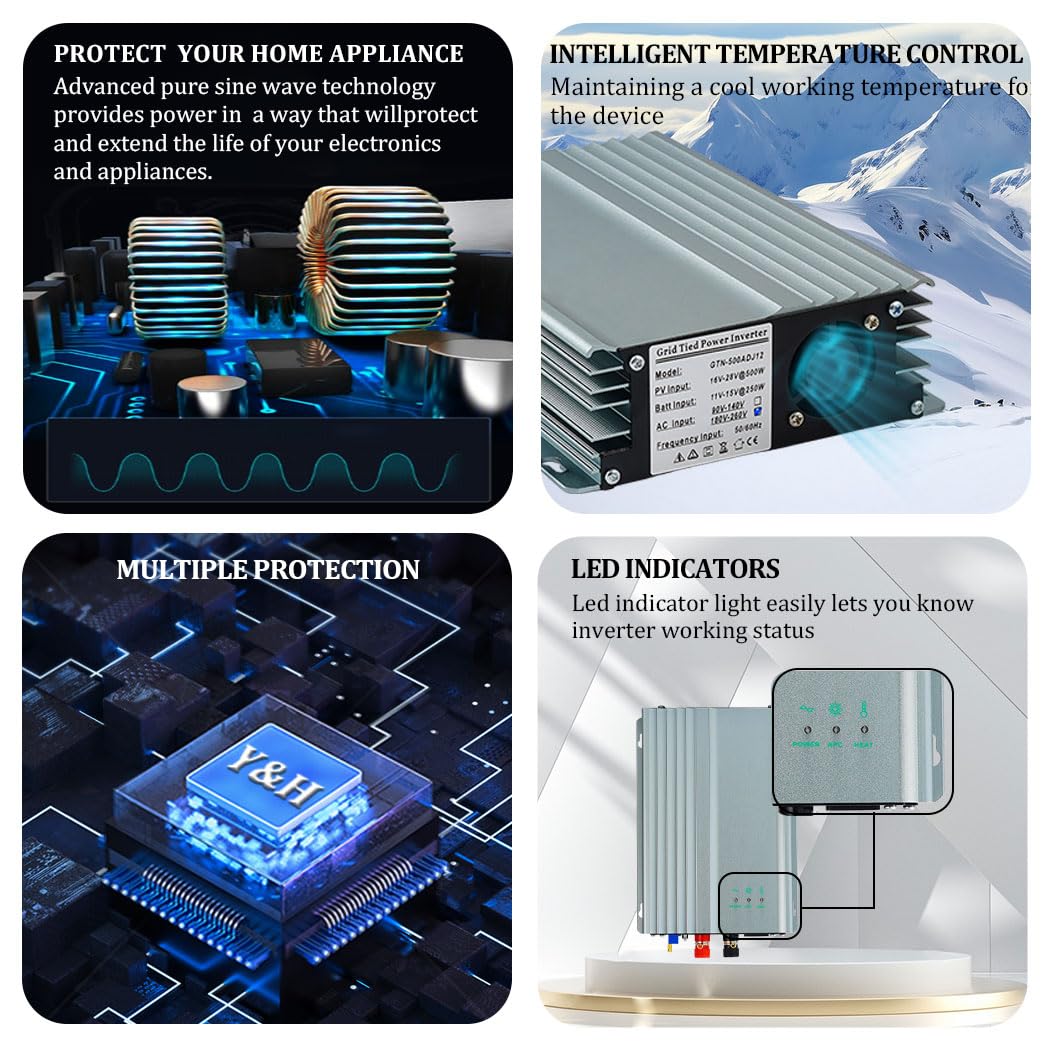 Y&H Inverter solare da 500 W, MPPT Grid-Tie Micro, uscita AC230 V, inverter accoppiato a energia solare per pannelli solari, scarica batteria da 12 V, 30 W-250 W regolabile