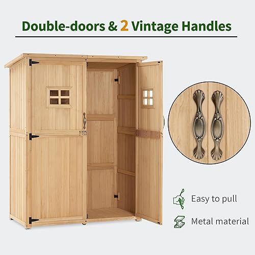 Miniatura 6 de MCombo Armario de almacenamiento grande de madera para exteriores con 2 estantes, cobertizo de almacenamiento de jardín de gran tamaño con