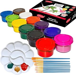 Spill Proof Washable Paint for Kids 12 Colors, Wash Color Paint Set for Kids with Palette and 10 Brushes, Finger Painting for Toddlers,Non-Toxic, Safe