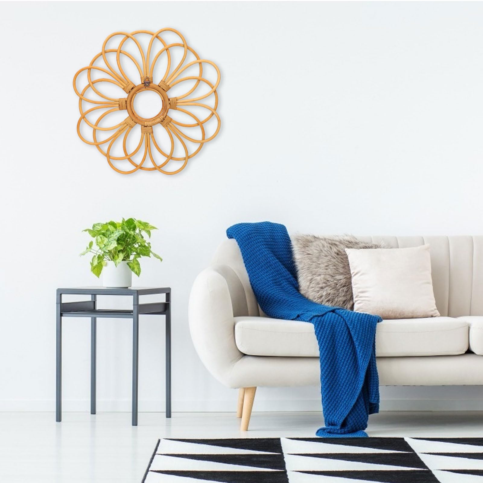 Alomejor Decoración de pared de ratán, arte colgante de flores tejidas a mano, decoración bohemia para sala de estar y dormitorio