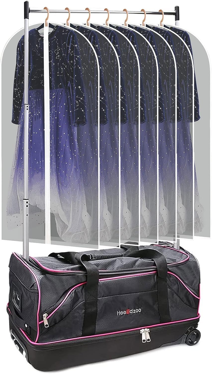 Dance Bag With Garment Rack,28inch Dance Competition Garment Bags with Clothes rack,Suitcase,Rolling duffle For Travel, Wheeled Drop-Bottom Upright Luggage Closet Suitcase (Pink)