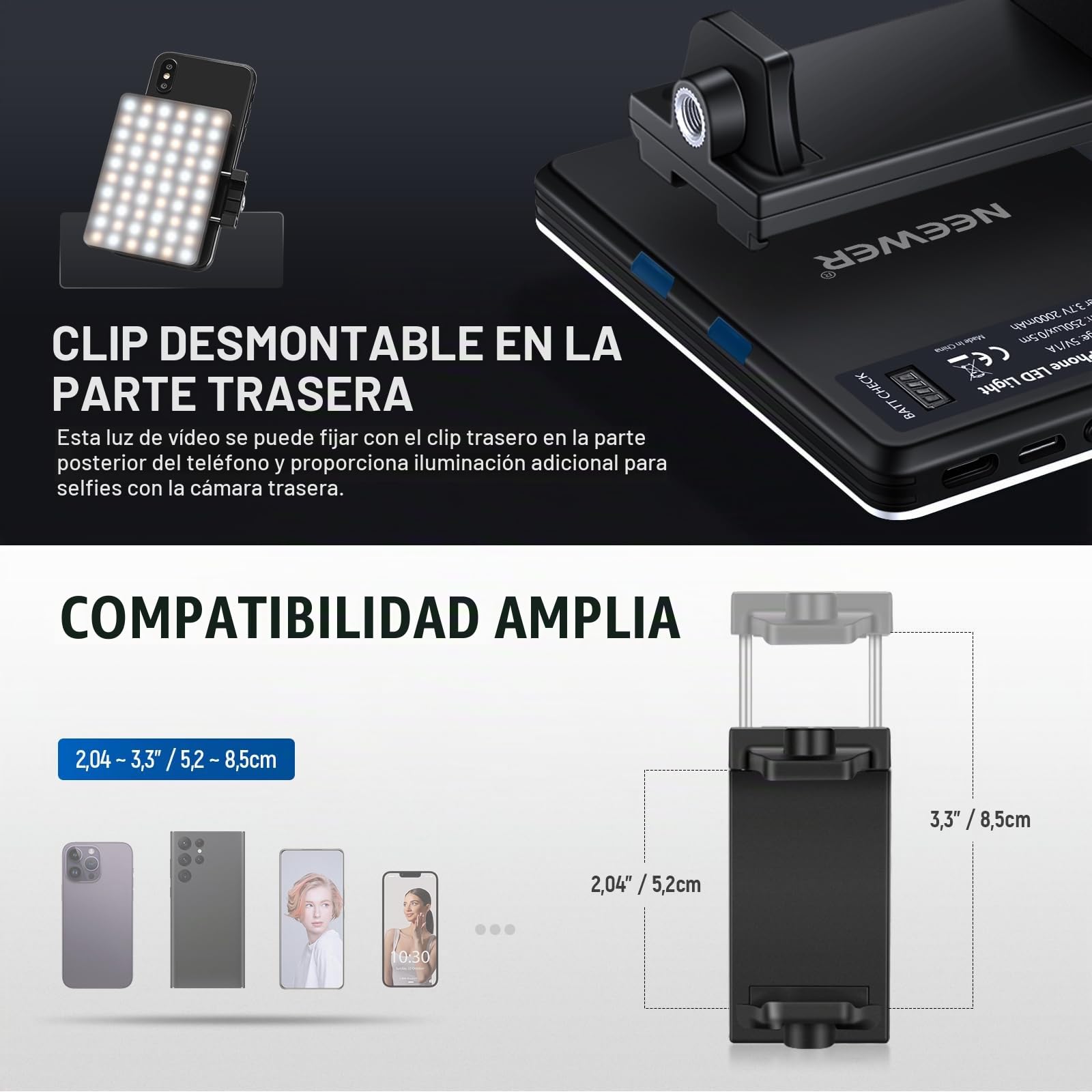 NEEWER BÁSICO Clip on Luz LED Selfies Compatible con iPhone, Recargable 2000mAh, con Soporte Teléfono Paño Limpieza, Luz Relleno para Webcam Laptop Zoom Videoconferencia Grabación Maquillaje, NL-60AI