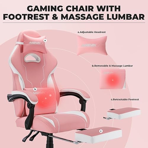 Miniatura 5 de SEGEDOM - Silla de juegos con reposapiés y soporte lumbar de masaje, silla ergonómica para videojuegos, sillas de videojuegos de oficina con altura