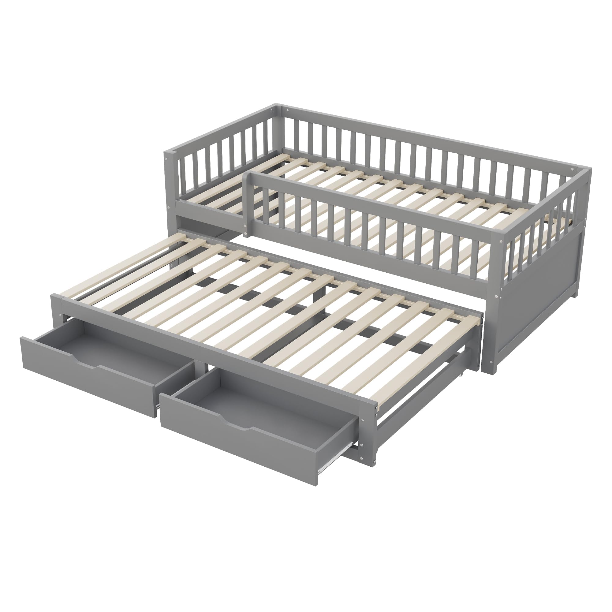Kebnor Divano letto in legno massiccio, rete di sicurezza completamente rivestita, letto estraibile con 2 cassetti sottostanti, con rete a doghe, lettino per ragazzi e adulti (grigio, 90 x 200 cm)