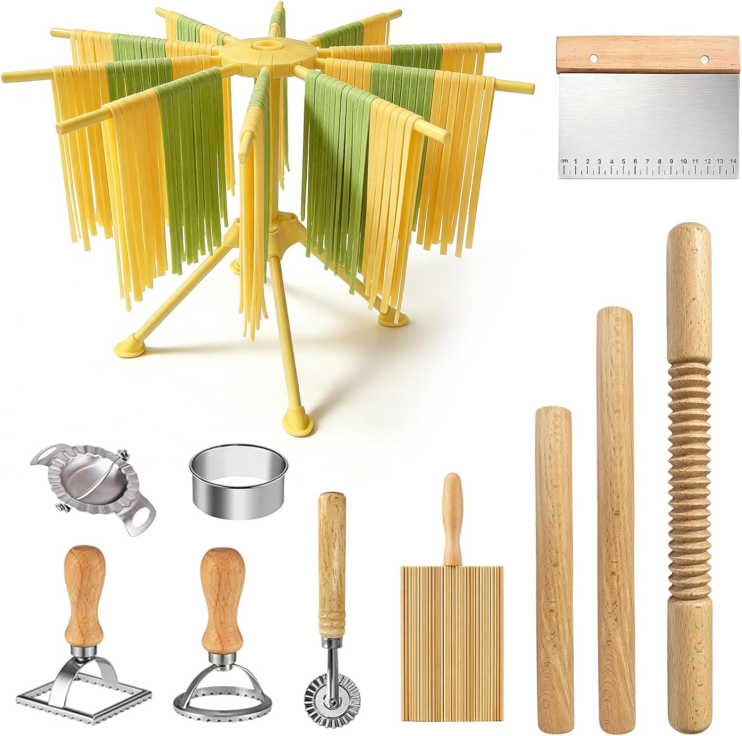 11 Pcs Pasta Making Tools-3 Size Rolling Pins，2 Dumpling Molds，Dumpling Marker，Square and Round Pasta Stamp,Dough Cutter,Pasta Drying Rack,Gnocchi Board,Pasta Making Kit Accessories for Home