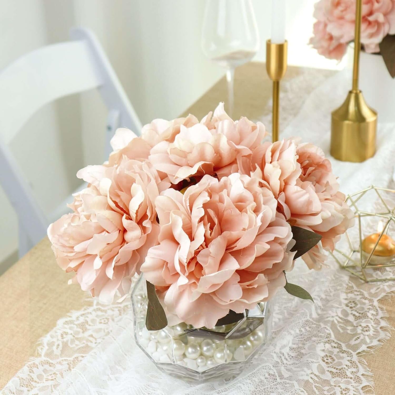 Efavormart 2 Bushes 17 inch Real Touch Artificial Peony Flower Bouquets, Dusty Rose Silk Peony Stems with Realistic Petal Texture for Vase Fillers, Home and Modern Table Decor
