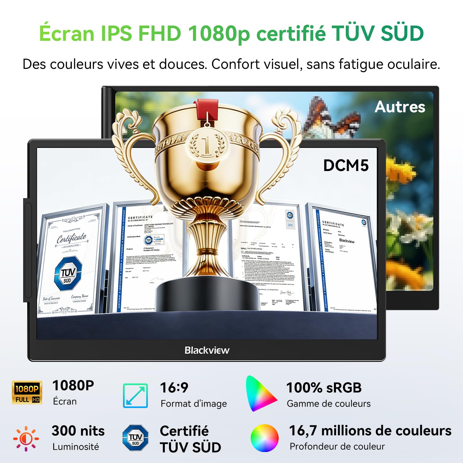 Blackview DCM5 Double Ecran PC Portable 14" FHD 1080P IPS Certifié TÜV Multi Triple Ecran PC Extension Ecran pour 13-17,3" Ordinateur Portable Compatible avec Mac, Windows, Chrome, Android