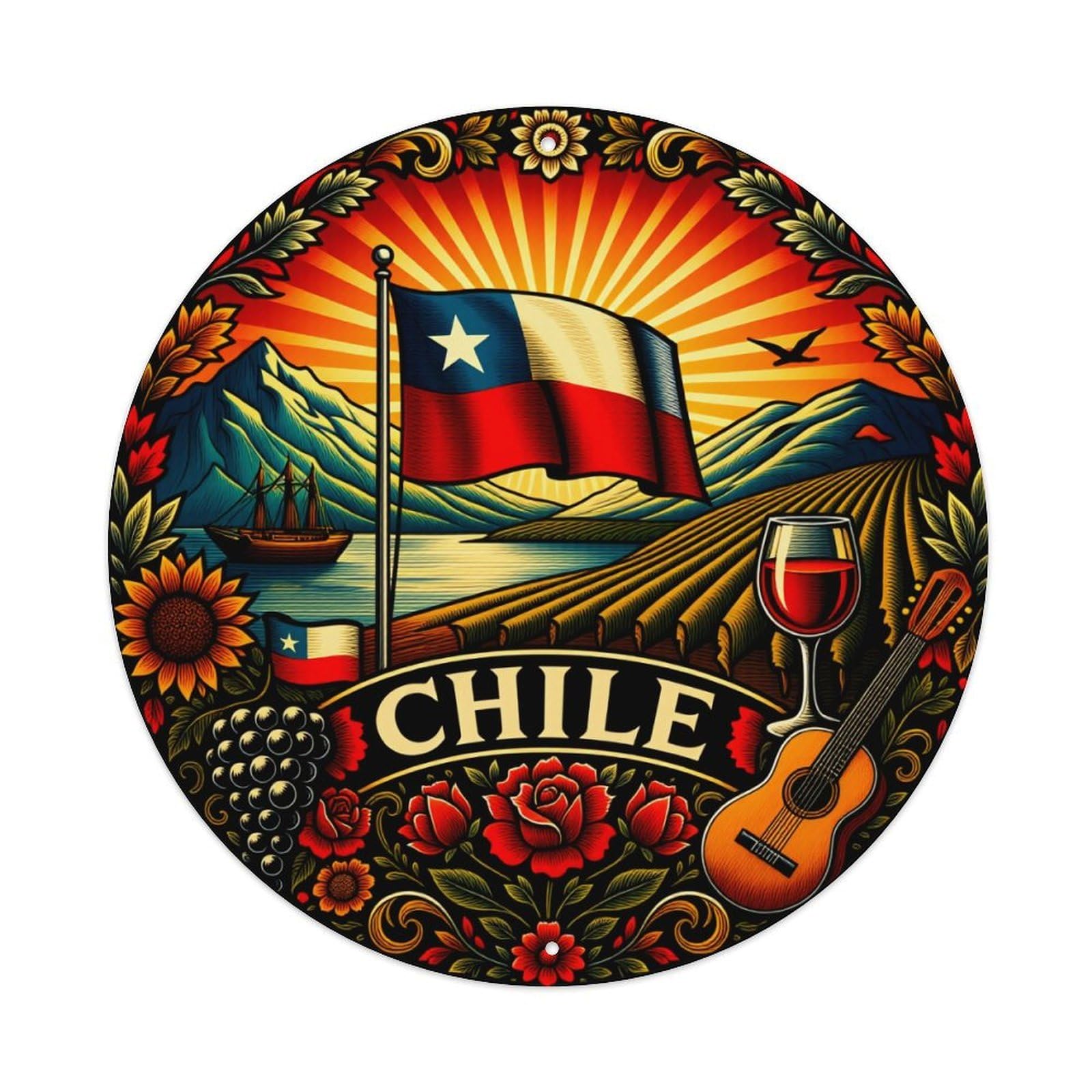 Chile Flag Mountains Wine Guitar_1 Round Tin Sign Vintage Metal Poster Retro Bar, Home, Man Cave, Kitchen, Laundry Room Wall Art Decor Gift 8x8Inch