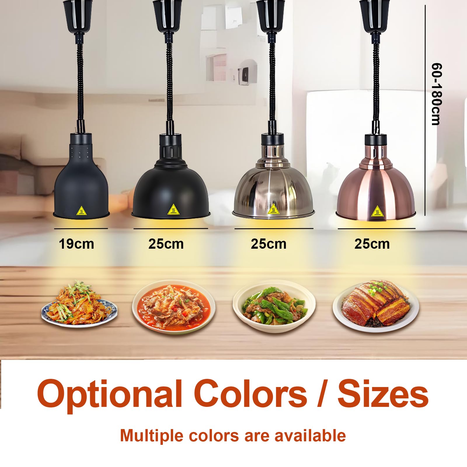 Sospeso Lampade Riscaldanti Cucina Regolabile(D-19cm,3 Pezzi) | 19 cm/25 cm Diametro Lampada Riscaldante per Alimenti, 250W Lampada Scaldavivande Ristorante, Cucina, Hotel