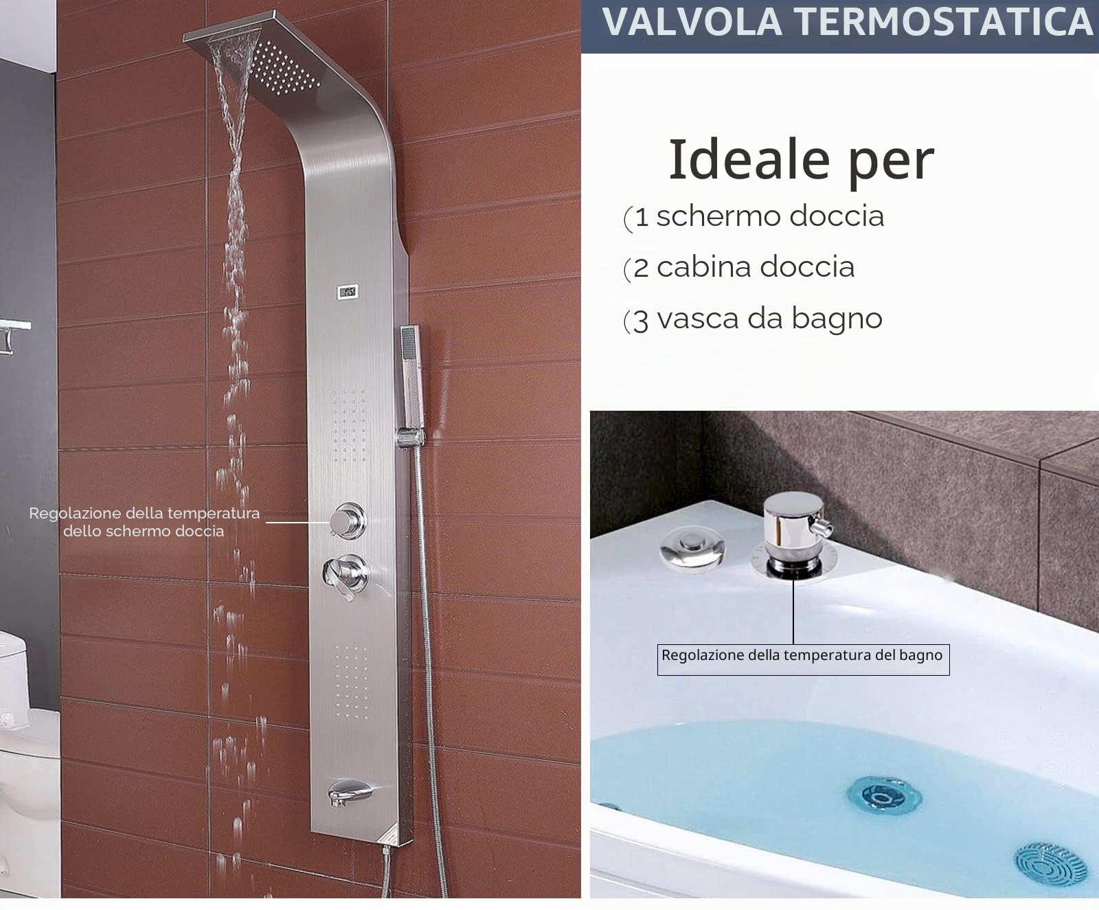 1 Via Miscelatore Termostatico Rubinetti Doccia, Miscelatore Murale in Ottone per Bagno Freddo e Caldo, Miscelatore Bagno per Doccia Cabina, G1/2"