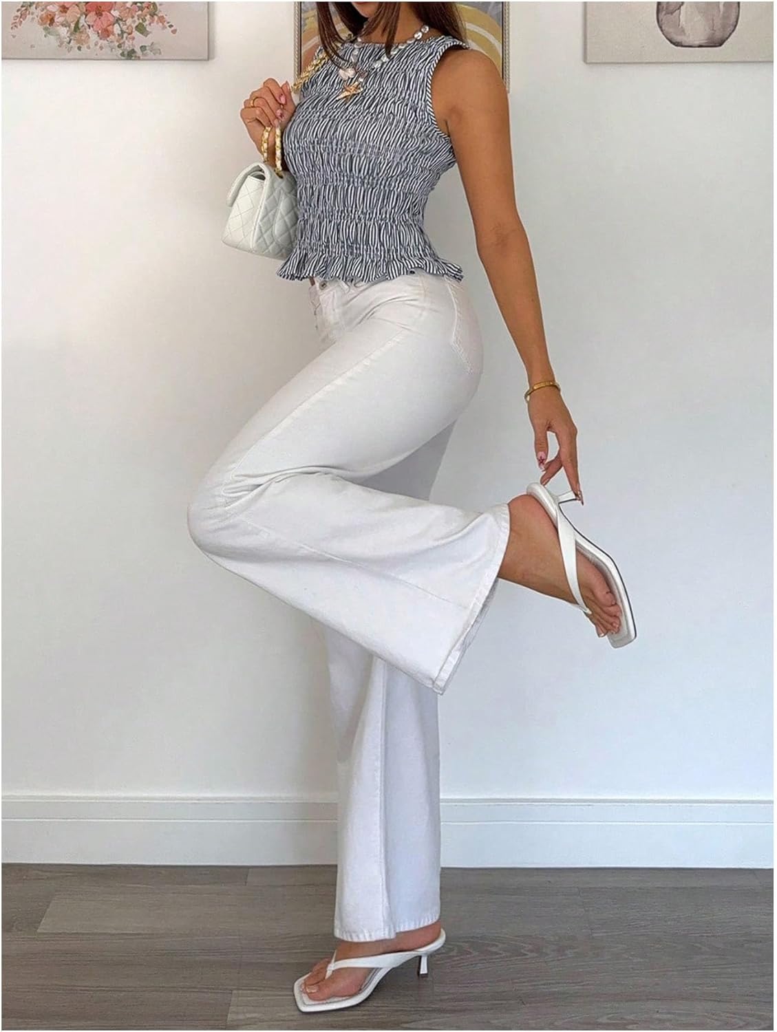 GORGLITTER Women's Striped Smocked Tank Top Ruched Ruffle Shirred Sleeveless Summer Going Out Peplum Tops - Image 4