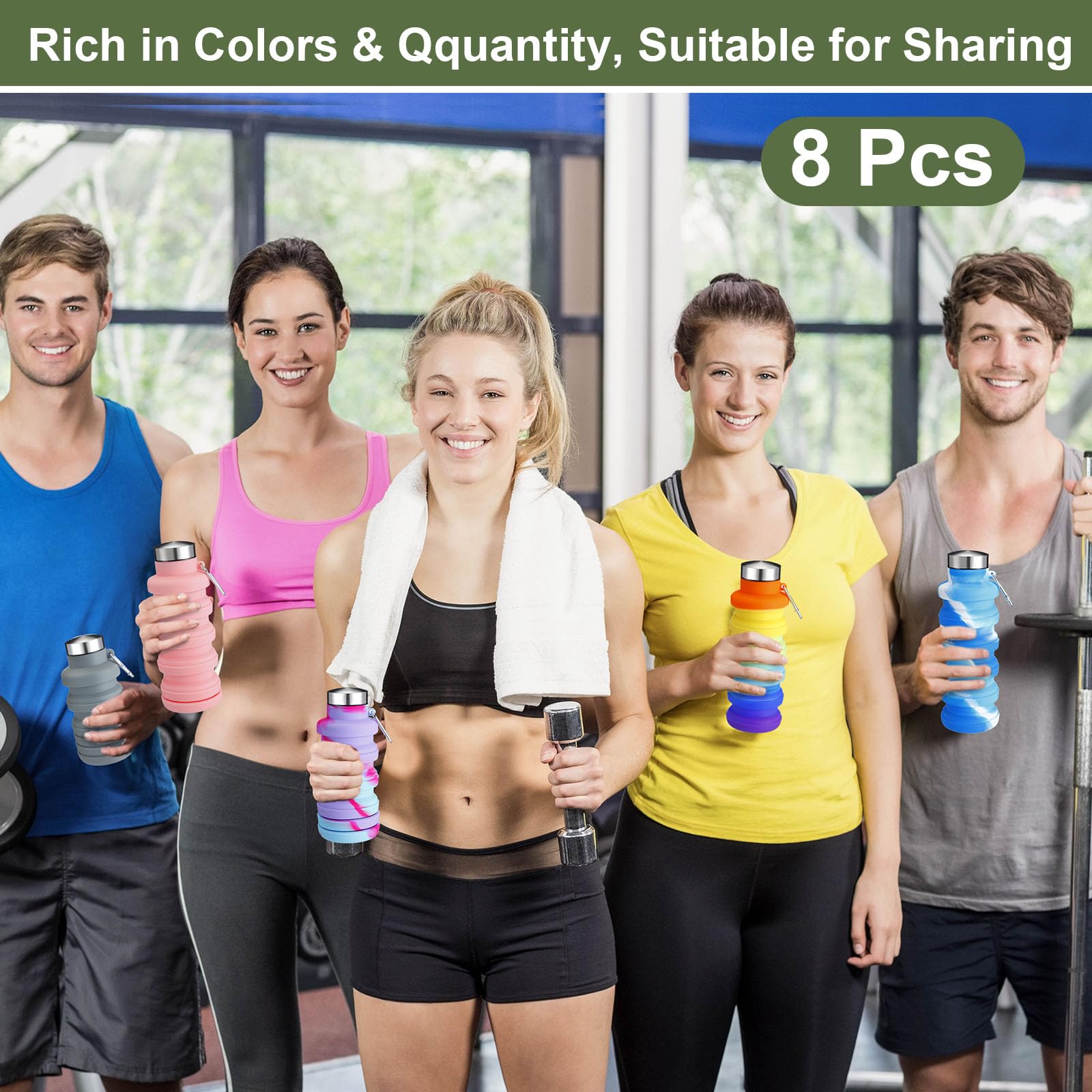 FillTouch Faltbare Wasserflaschen aus Silikon, wiederverwendbar, mit Karabiner, leicht, BPA-frei, erweiterbar, auslaufsicher, für Fitnessstudio, Reisen, Camping, Wandern, Outdoor, Indoor-Sport, 8