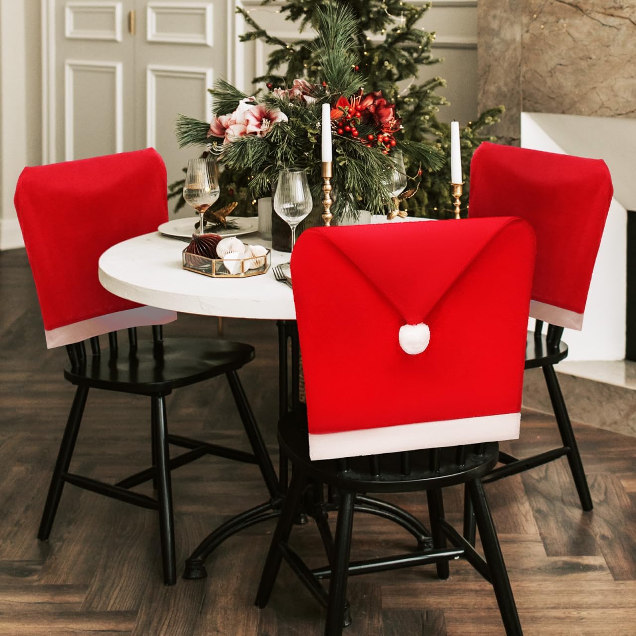 Garneck 10 Pcs Christmas Chair Back Covers: Red Santa Claus Hat Slipcovers for Dining Room - Soft Removable Seat Protectors for Xmas Holiday Party Home Hotel Resturant Banquet Decoration