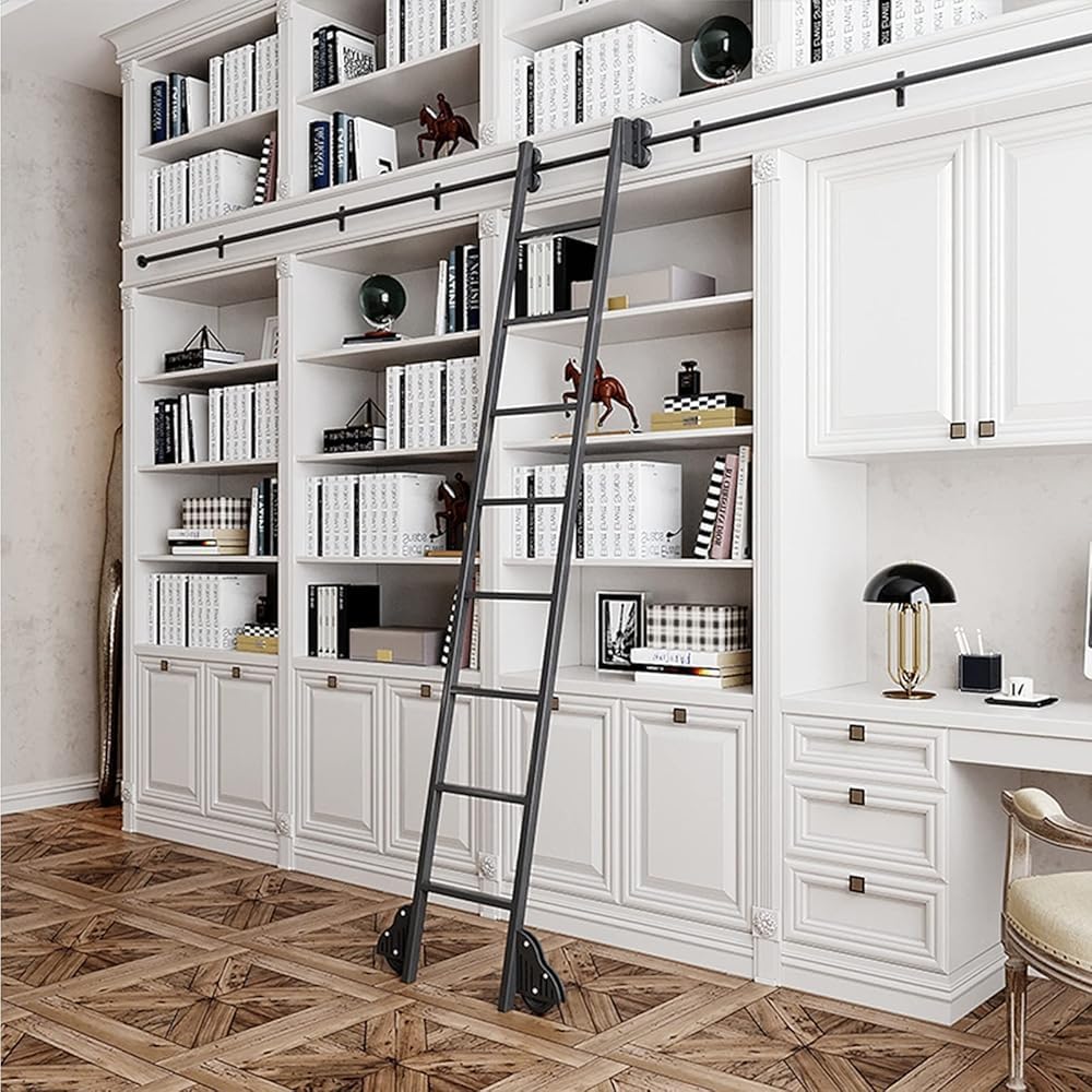 Black Rolling Library Ladder Hardware Kit - 3.3ft & 20ft Steel Sliding Track Mobile Ladder System (No Ladder Included) with Floor Rollers - Ideal for Home & Library Use