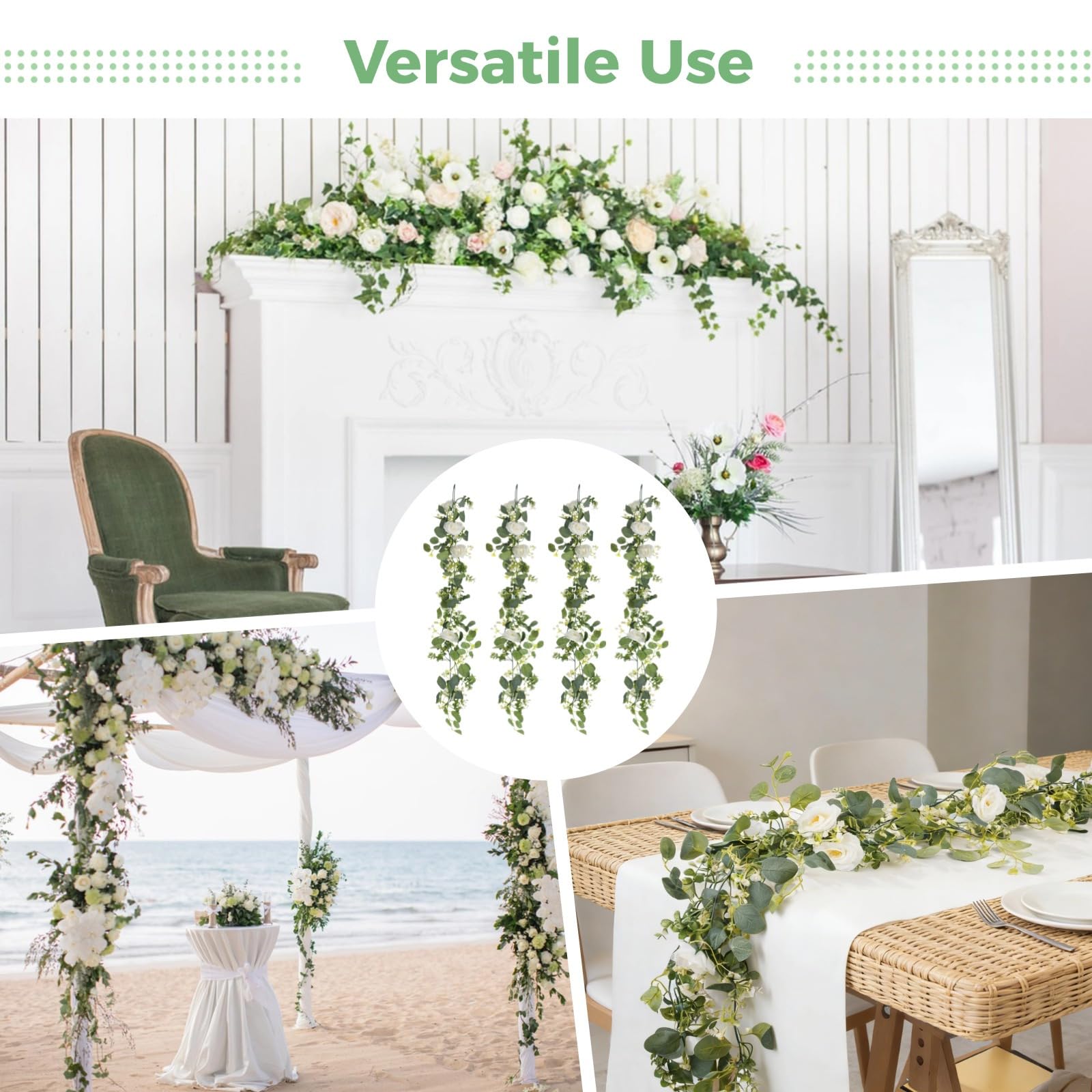4 Stück hängende Girlande, 180 cm, Eukalyptus-Ranken mit weißen Rosen, perfekt für Hochzeitsbögen, Heimdekoration