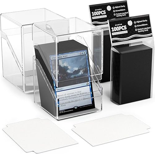 Paquete de 2 cajas para tarjetas, funda para cartas y 200 fundas para tarjetas con divisores, caja de almacenamiento transparente de tamaño