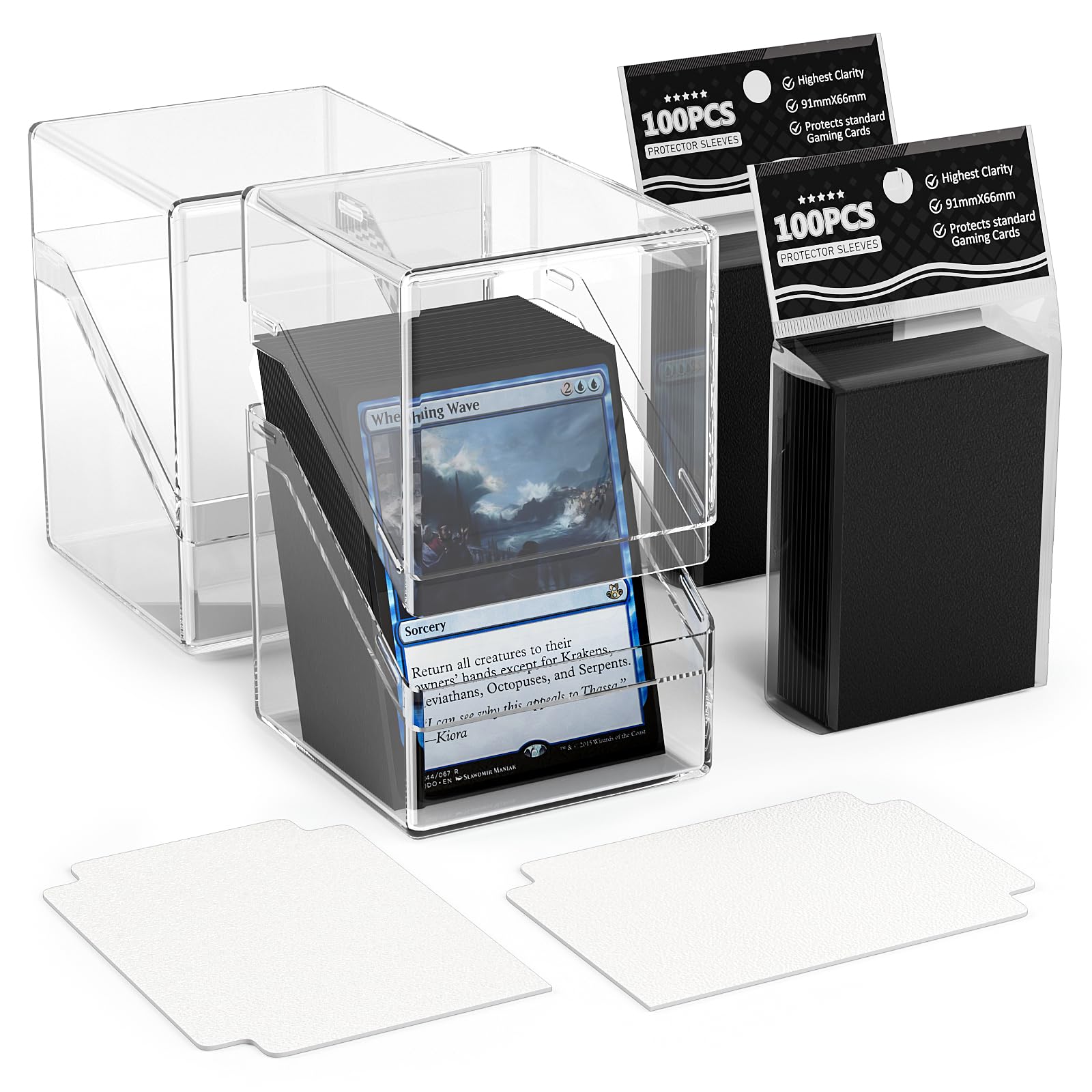 2 Pack Card Deck Boxes, Deck Case and 200Pcs Card Sleeves with Dividers, Standard Clear Commander Storage Box Fit for MTG, Sport, Trading Cards Cards (Black)