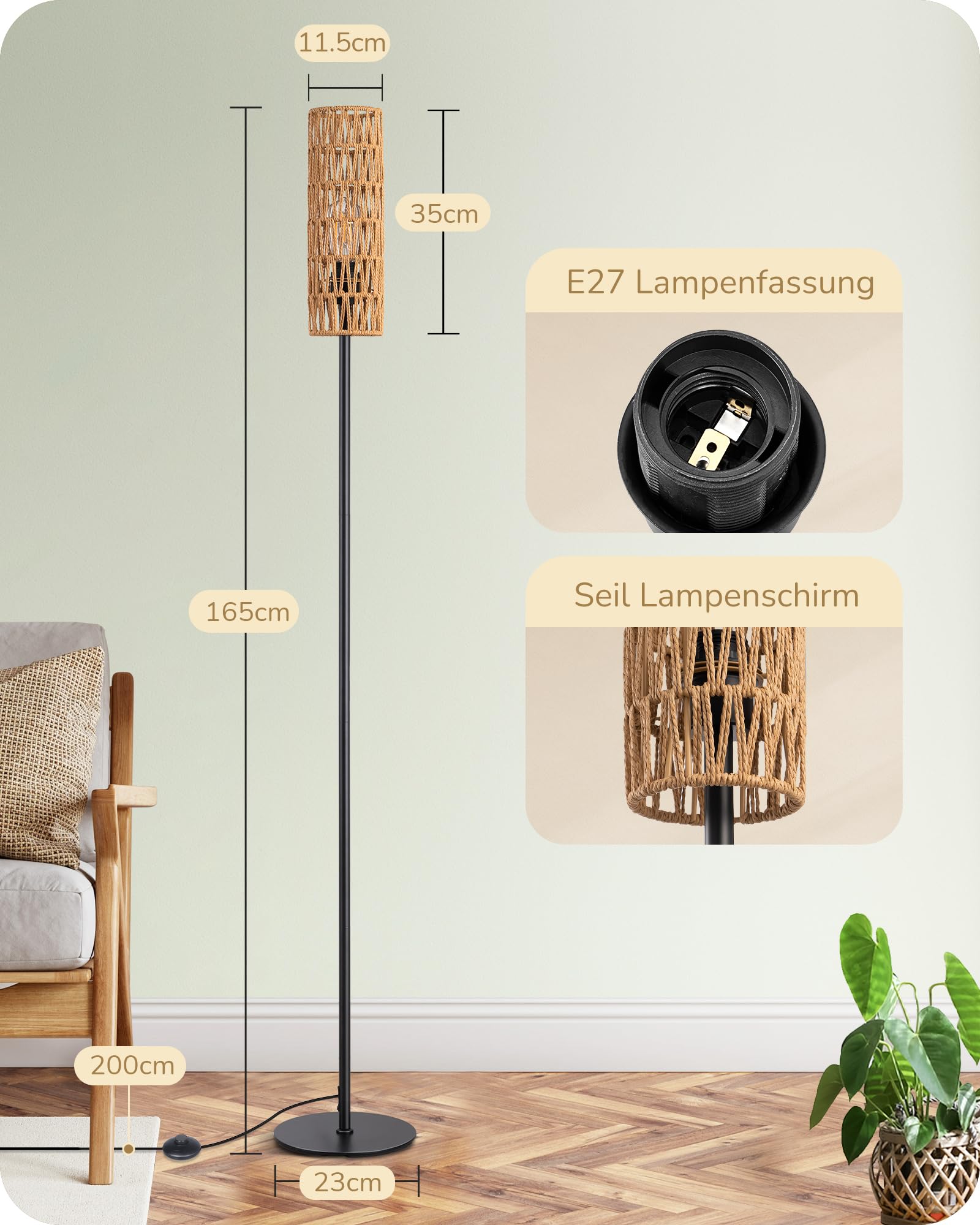 EDISHINE Lampa stojąca LED do salonu, lampa stojąca z abażurem z tkanej liny, lampa stojąca vintage 2700 K, styl boho, E27, do sypialni, pokoju dziecięcego lub sofy narożnej, wysokość 165 cm