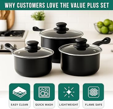 Pendeford Value Plus Saucepan Set 3PC | Carbon Steel Non-Stick with Tempered Glass Lids | 16cm 18cm 20cm | Easy Clean, Lightweight, Dishwasher Safe | Suitable for All Hob Types Except Induction
