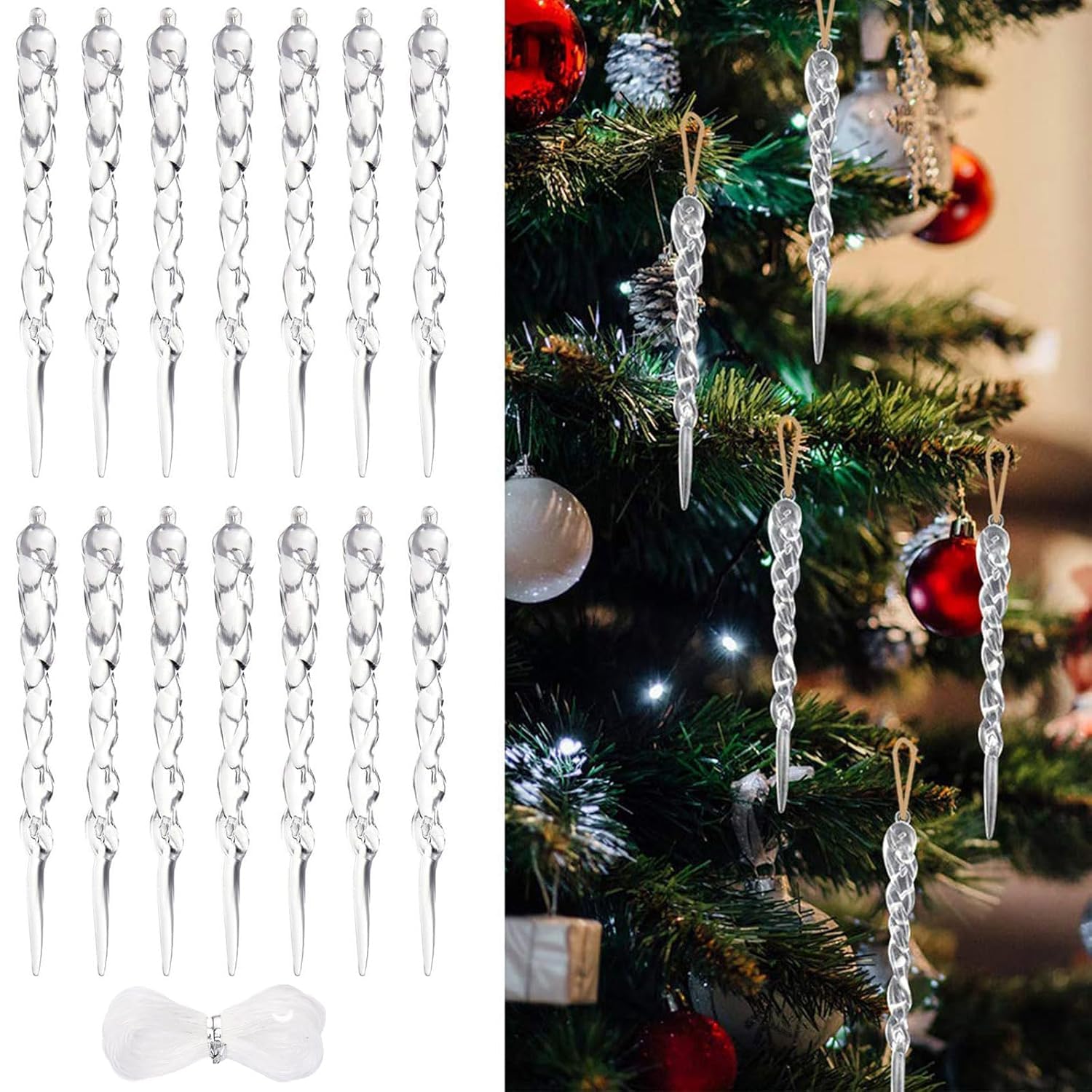 Clear Acrylic Icicle Christmas Hanging Ornaments, Set of 50