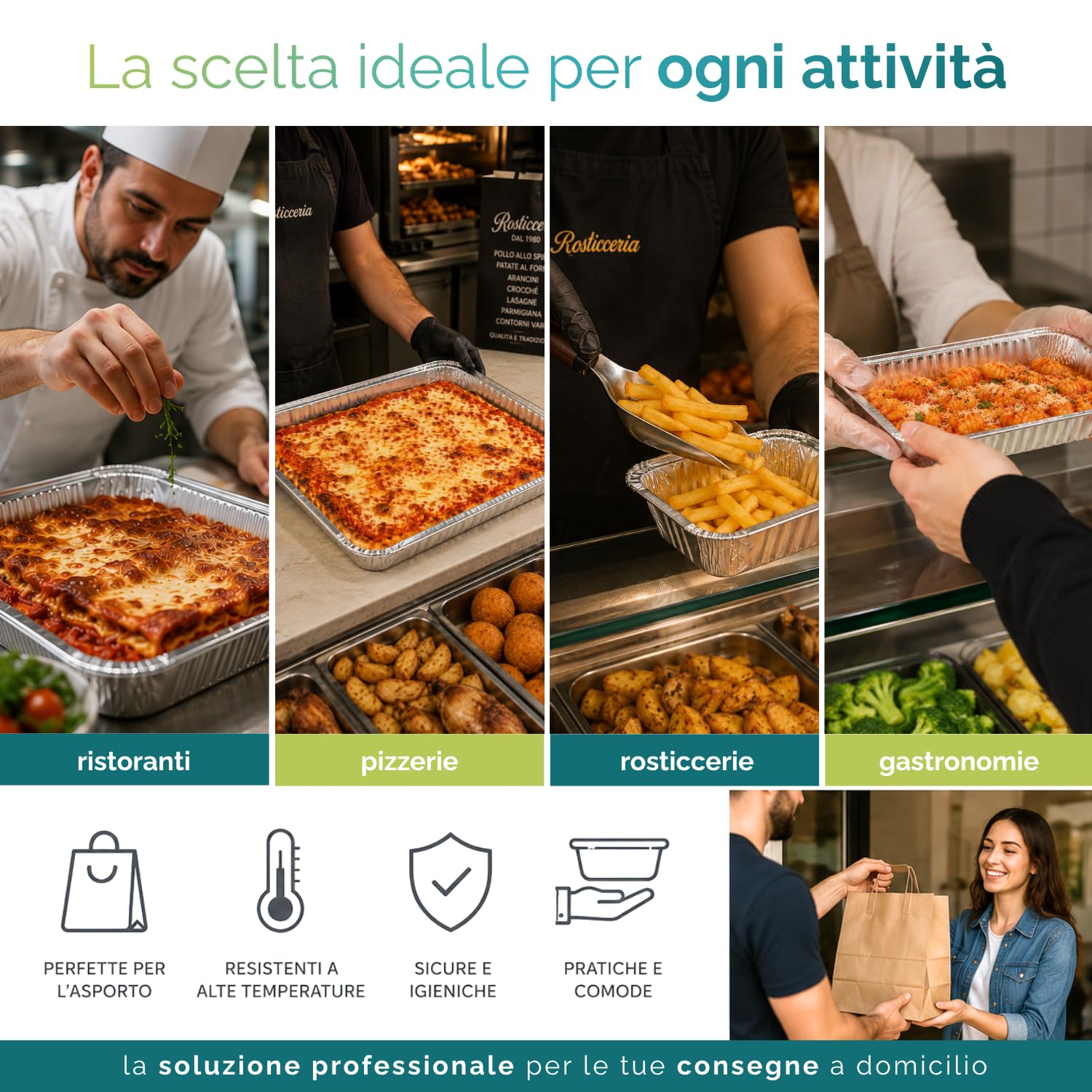 VIRSUS 100 Vaschette in Alluminio R11G Varie Dimensioni porzioni Rettangolari Argentate per Alimenti USA e Getta