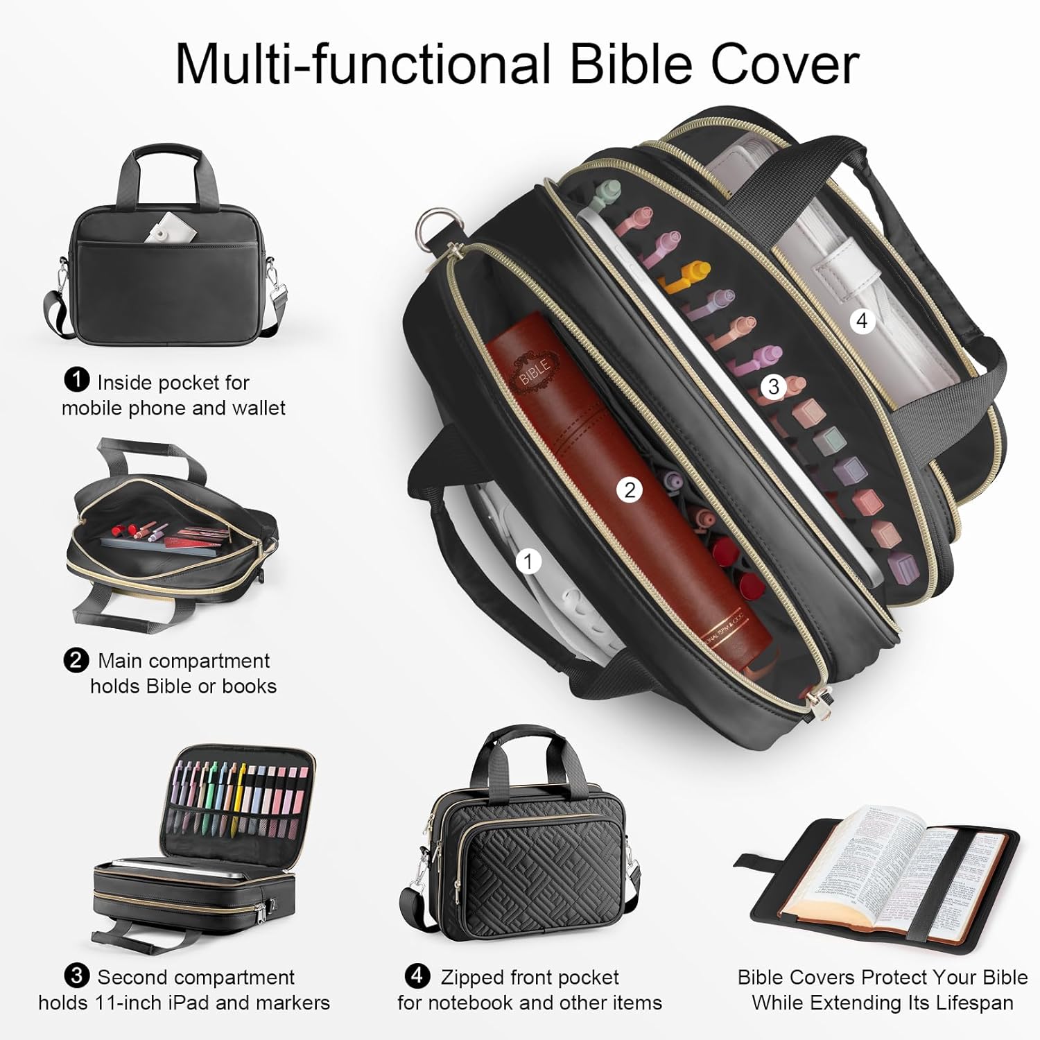 Bible Cover Case for Women, Bible Bag with Shoulder Strap, Bible Study Supplies with Highlighters, Journaling Kit Book Carrying Case, Christian Gift for Women (Black)