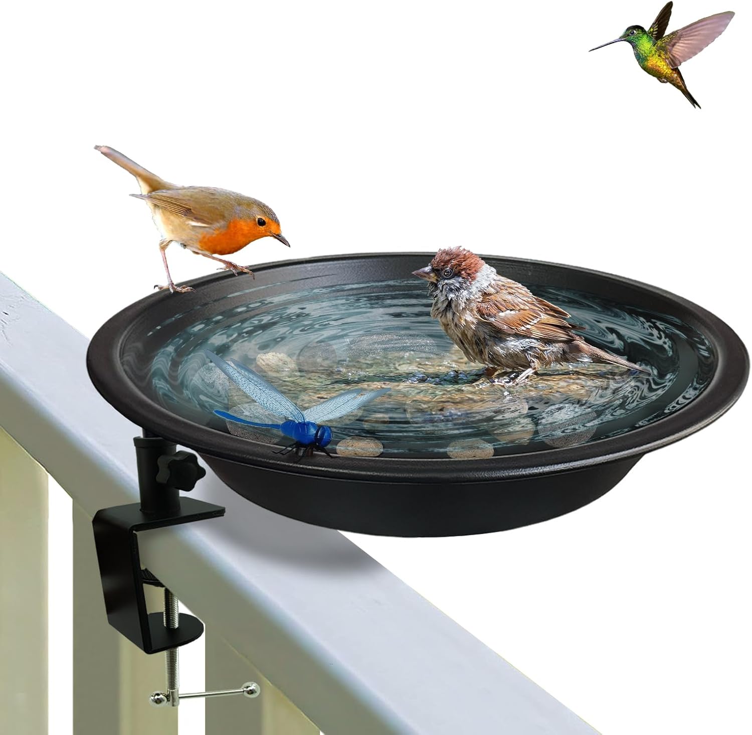 Deck Mounted Bird Bath for Deck Rail & Garden-11.5 Inch Frosted Black,Clamp-On Detachable Bowl with Rust-Proof Bracket,Easy Clean Outdoor Bird Feeder with Magnetic Dragonfly for Patio Lawn Backyard