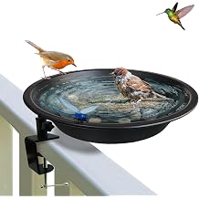 Deck Mounted Bird Bath for Deck Rail & Garden-11.5 Inch Frosted Black,Clamp-On Detachable Bowl with Rust-Proof Bracket,Easy Clean Outdoor Bird Feeder with Magnetic Dragonfly for Patio Lawn Backyard