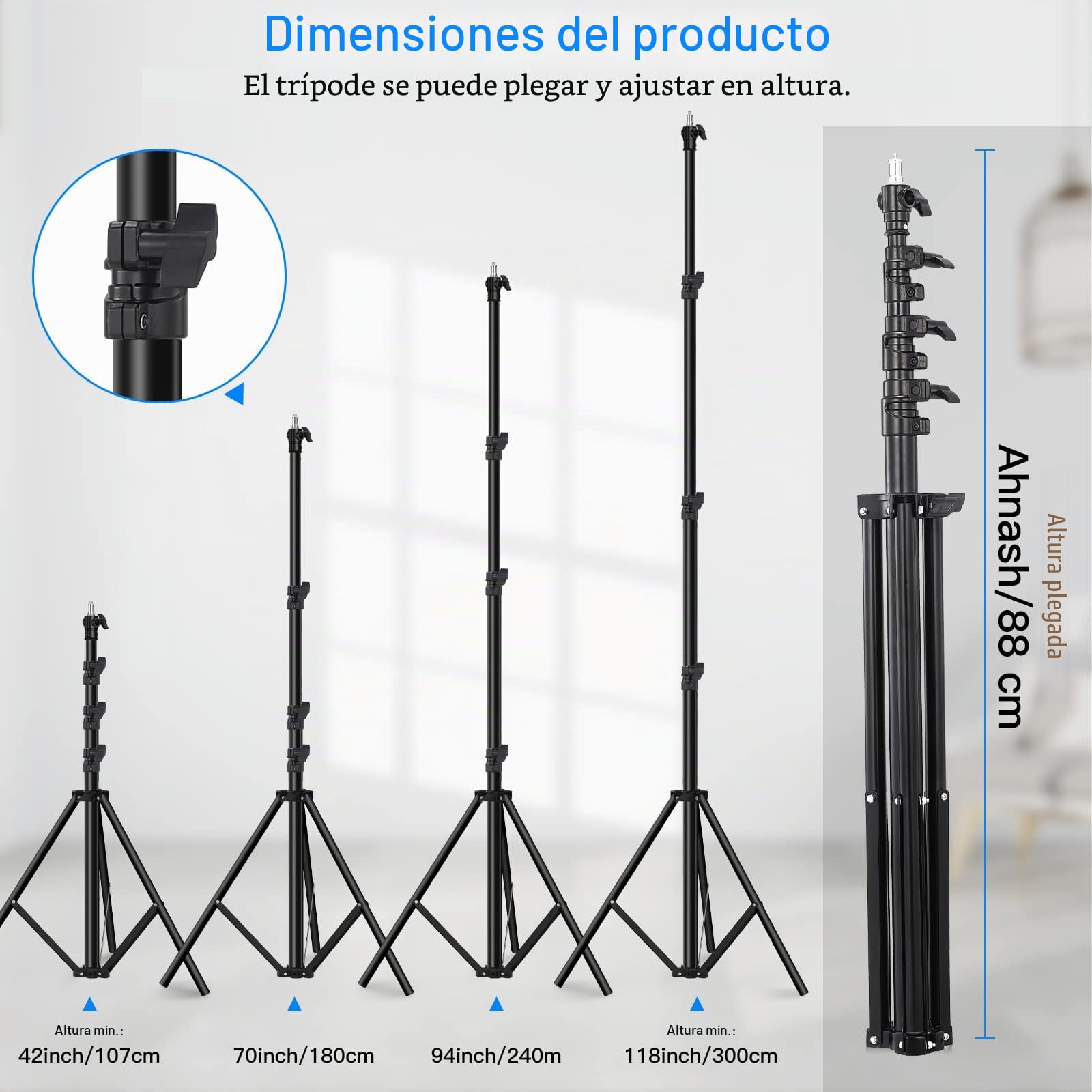 Soonpho Soporte de luz con Amortiguador de Resorte de 300m, trípode de Acero Inoxidable con Bolsa de Almacenamiento y Adaptador de 1/4, 3/8 Pulgadas para grabación de vídeo de Estudio, Reflector