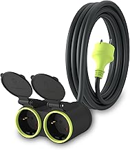 MutecPower 3 m Extension Cable with 2 Schuko Sockets for Outdoor Use IP44 H05RR-F3G 1.5 mm² Double Extension with 2 Protective Contact Sockets 2-Way Outdoor Distributor 3 Metres Black/Green