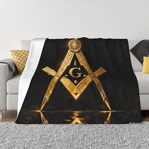 Manta de forro polar, tamaño Queen, King, manta de franela suave compatible con masonería masónica dorada, manta de felpa mullida para todas las