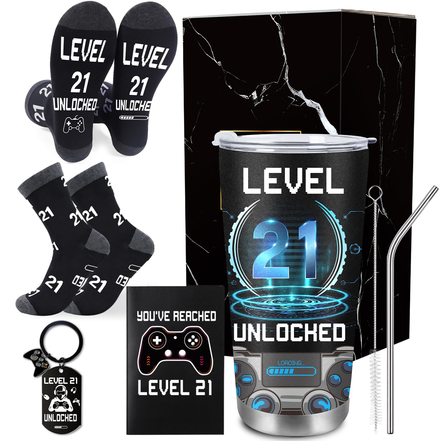 JoyAura 21st Birthday Gifts for Men, 21st Birthday Card 21 Year Old Ideas Presents for Him, Boys Male Unique Gift with Gamer Tumbler, Personalised Card, Funny Socks, Keychain for Son Grandson