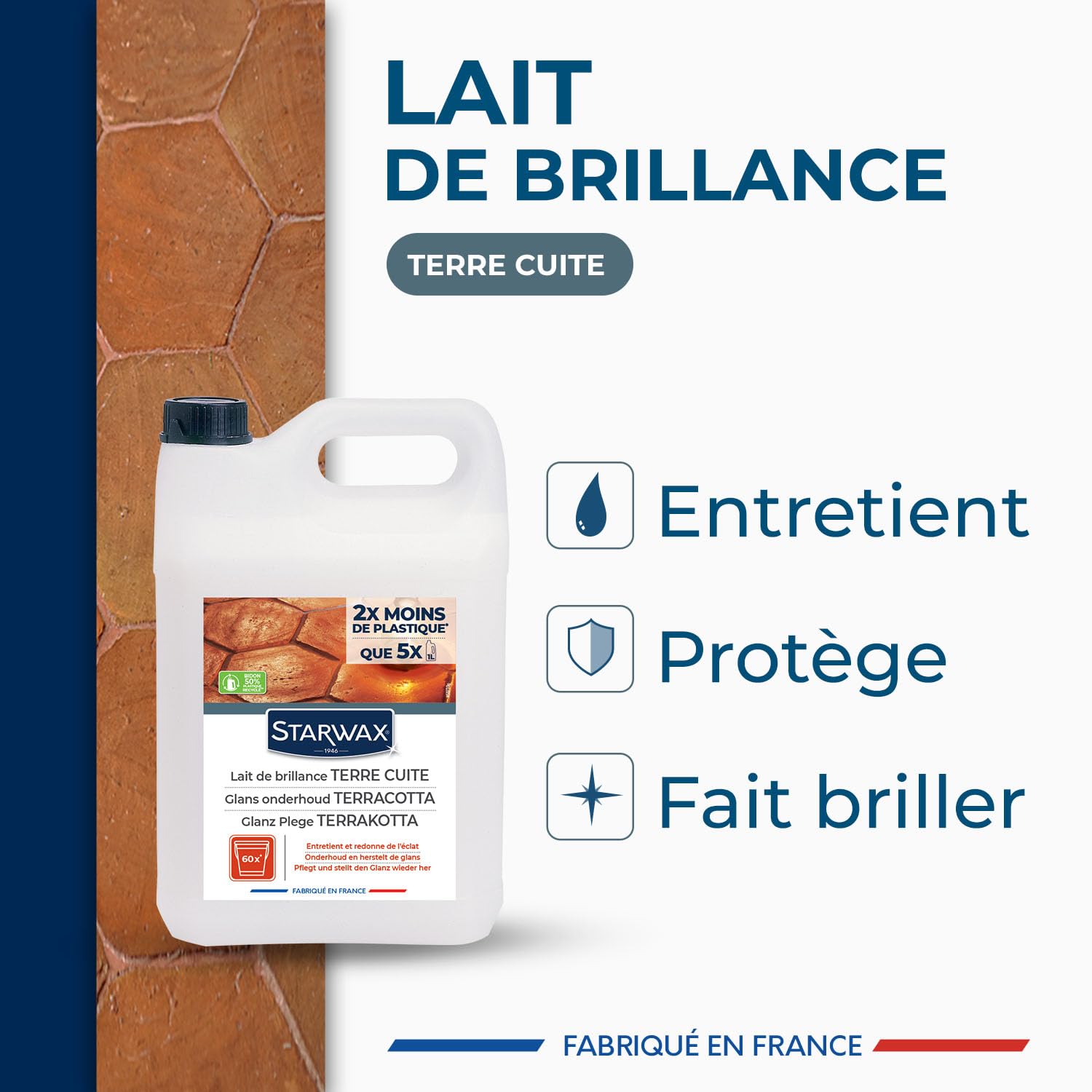 STARWAX Lait de brillance pour tomettes et terres cuites 5L | Protège et fait briller sols en tomette et terre cuite, 2 en 1 nettoyage et brillance, sans rinçage, rendement 750m²/L