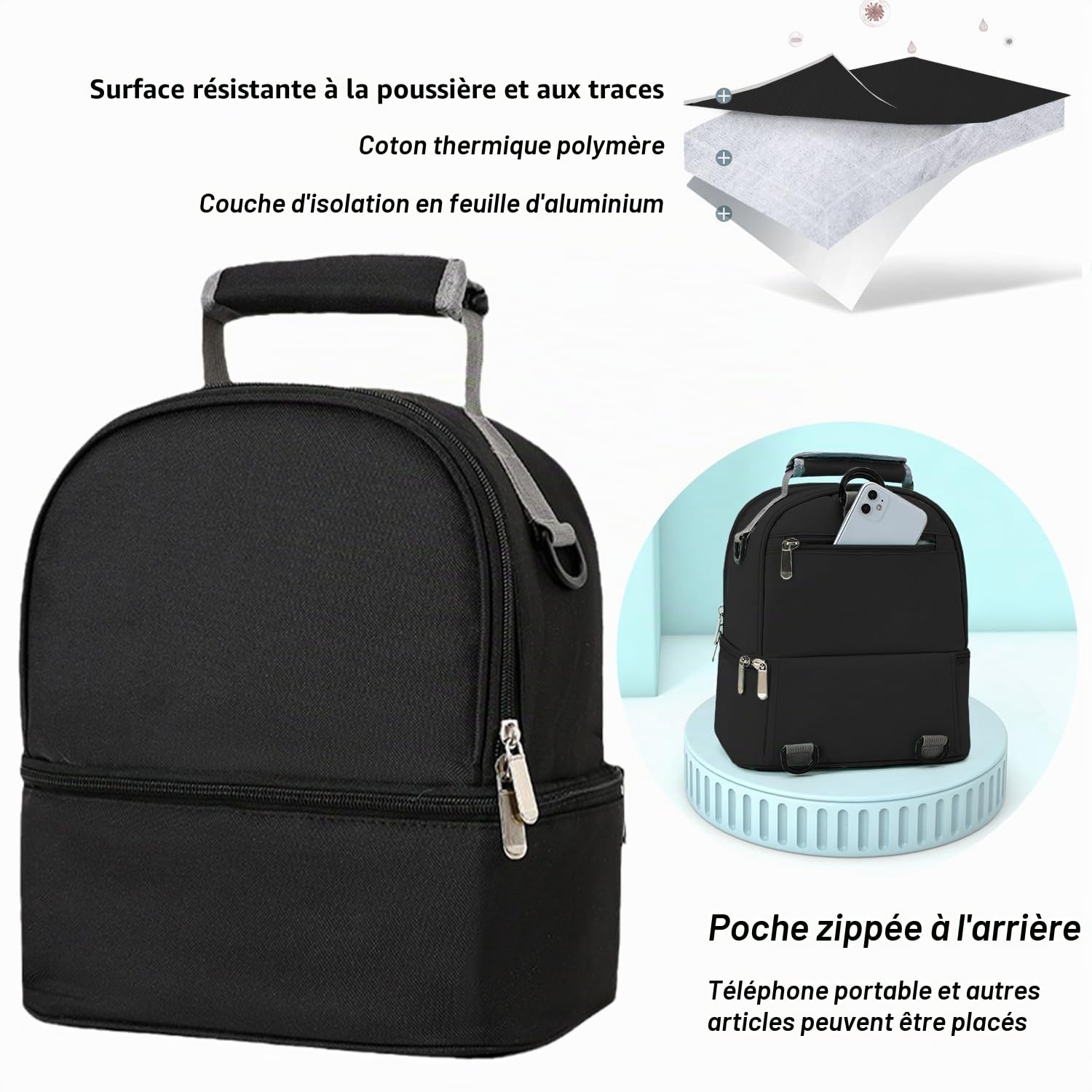 AIFUSI Sac Isotherme Double Couche pour Lait Maternel avec Poche de Glace, Sac à Dos Fraîcheur pour Biberons, Sac Isotherme Étanche pour Le Transport du Lait Maternel (Noir)
