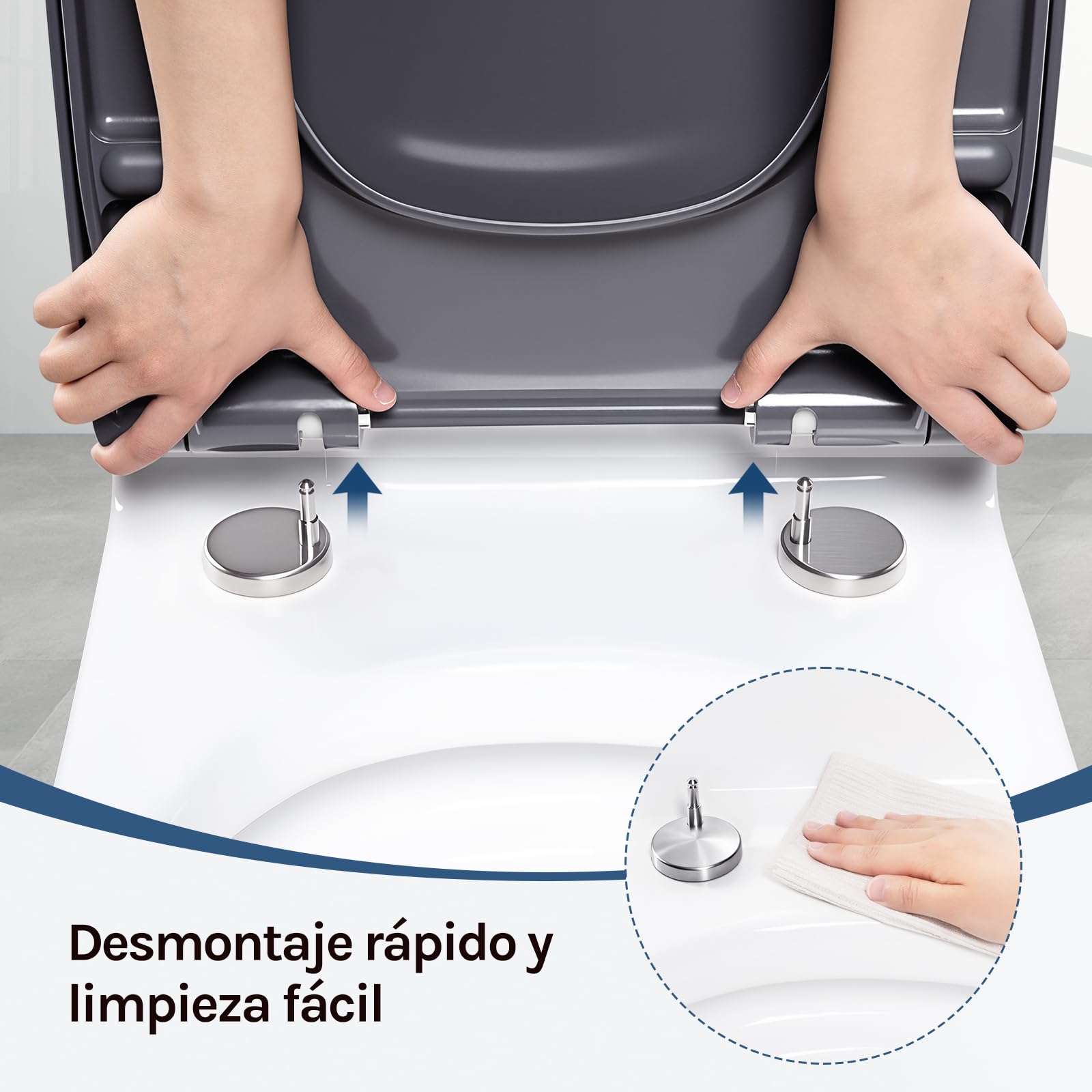 WOLTU Tapa de inodoro con descenso automático, asiento de inodoro rectangular, de termoplástico, liberación rápida para facilitar la limpieza, con bisagras ajustables, soporta hasta 175 kg, color azul